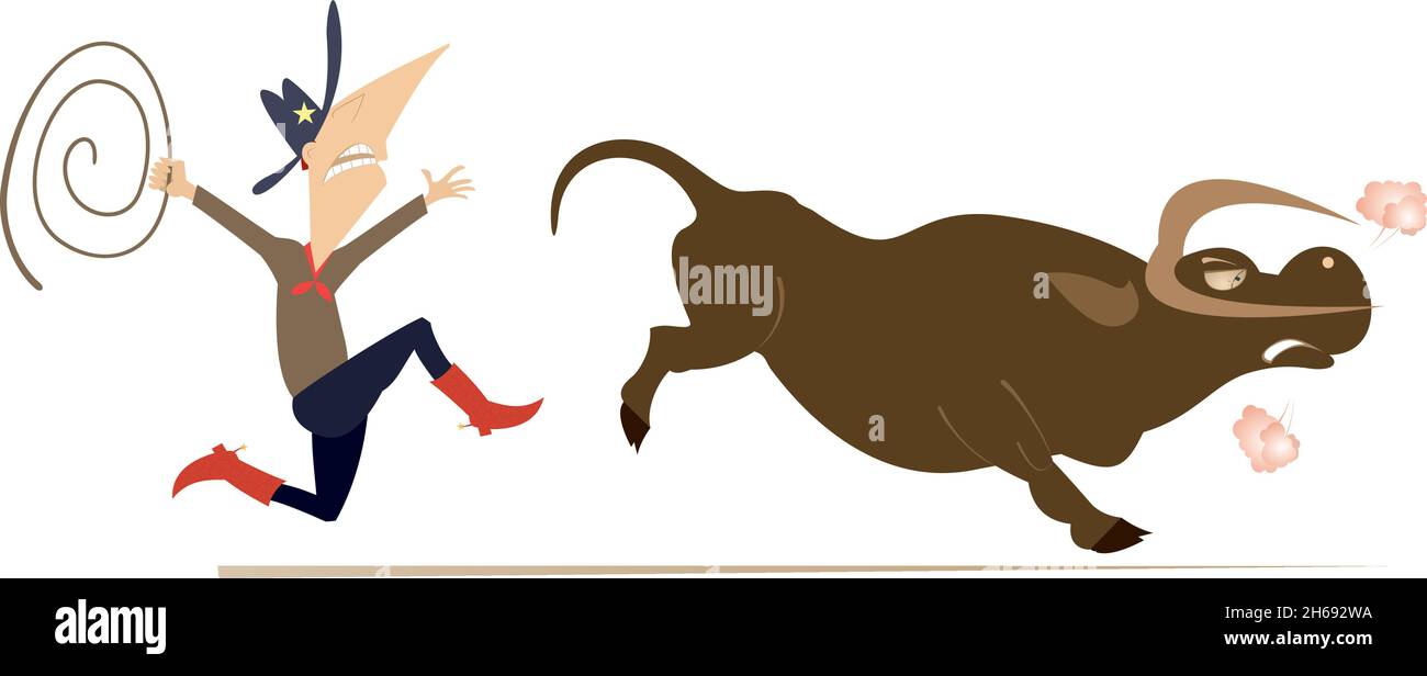 Bull s'éloigne de l'illustration du pilote. Drôle de famille ou de cowboy tente de lasso le taureau isolé sur fond blanc Illustration de Vecteur