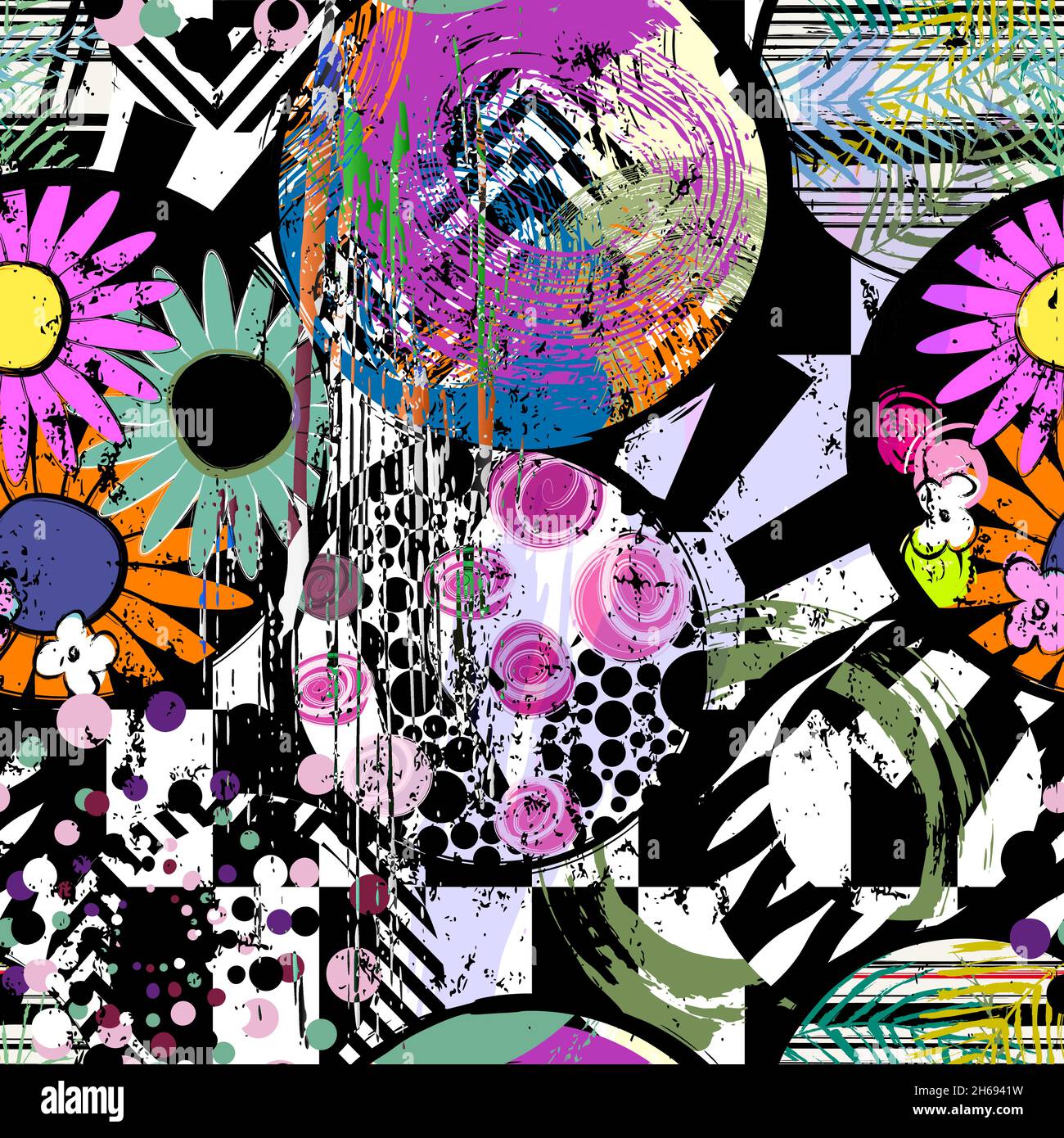 arrière-plan à motif géométrique sans couture, style rétro, avec cercles, rayures, fleurs,touches et éclaboussures, noir et blanc Illustration de Vecteur