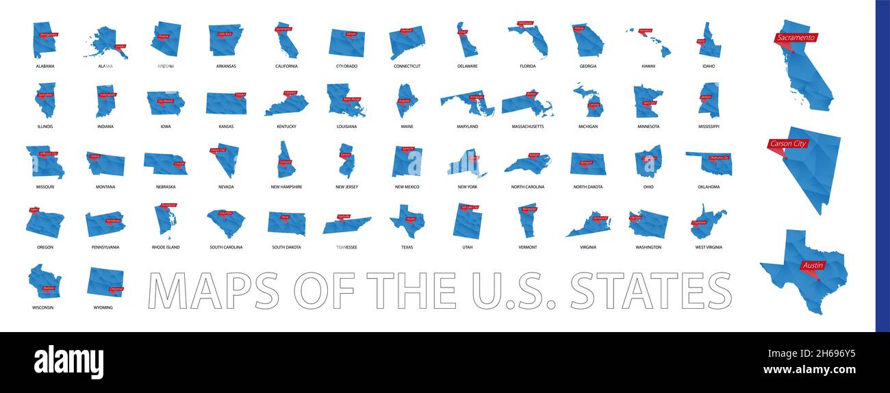 Collection de cartes à faible polygone des États américains avec un signe de la capitale de l'État.Cartes triées par ordre alphabétique. Illustration de Vecteur