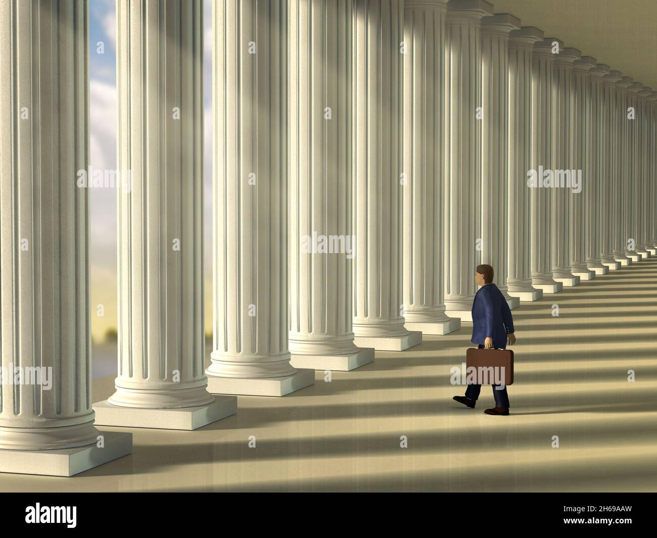 Homme d'affaires qui marche à pied à travers une colonne bordée de colonnes.Illustration numérique. Banque D'Images