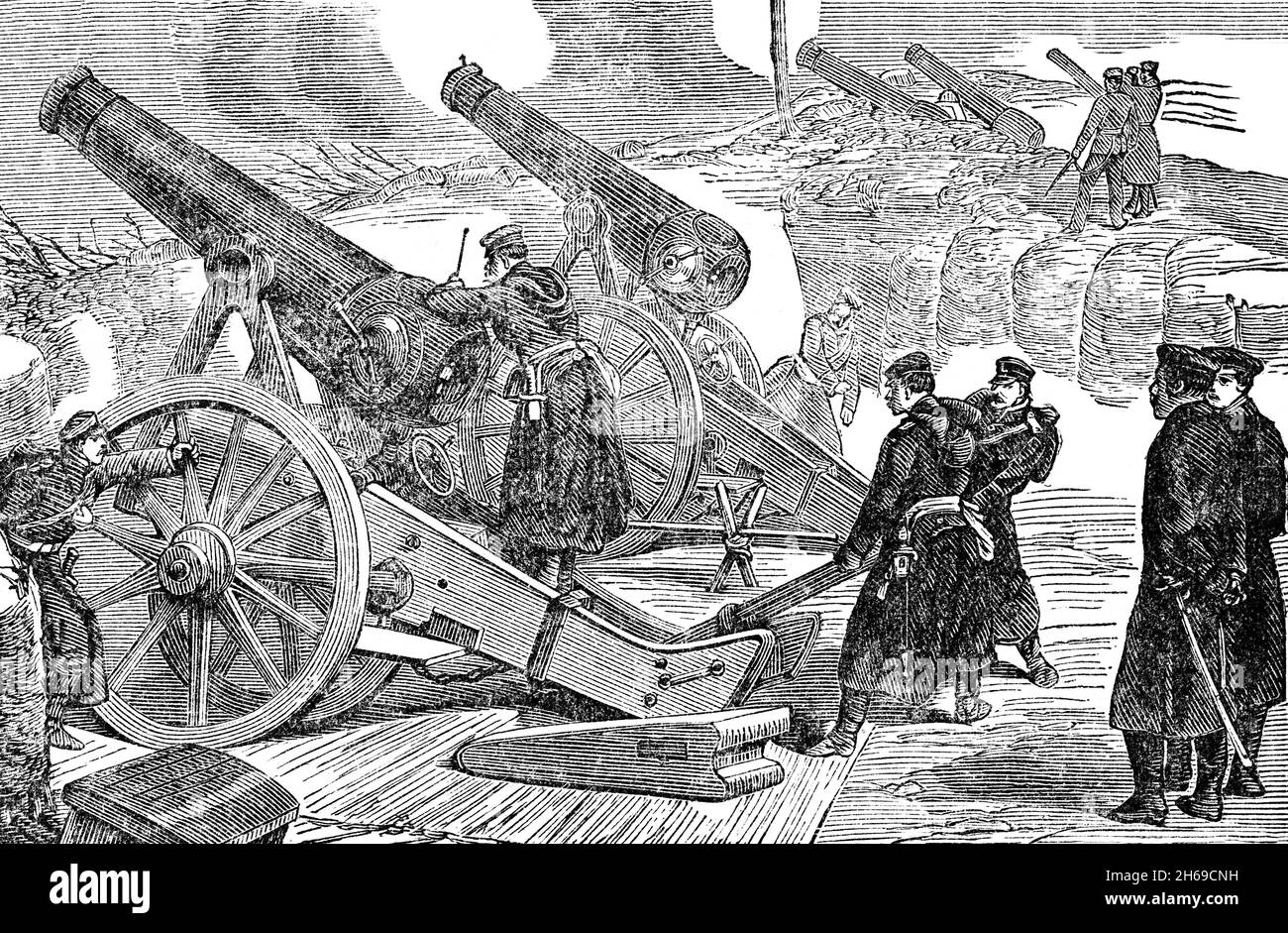 Illustration de la fin du XIXe siècle d'une batterie prussienne pendant le siège de Paris en 1870, lorsque les Allemands ont tiré quelque 12,000 obus, 300 à 400 grenades chaque jour dans la ville.Le siège de Paris pendant la guerre franco-prussienne ou la guerre franco-allemande a eu lieu du 19 septembre 1870 au 28 janvier 1871 et s'est achevé par la capture de la ville par les forces prussiennes, culminant par la défaite de la France dans la guerre franco-prussienne et l'établissement des deux Empire allemand. Banque D'Images