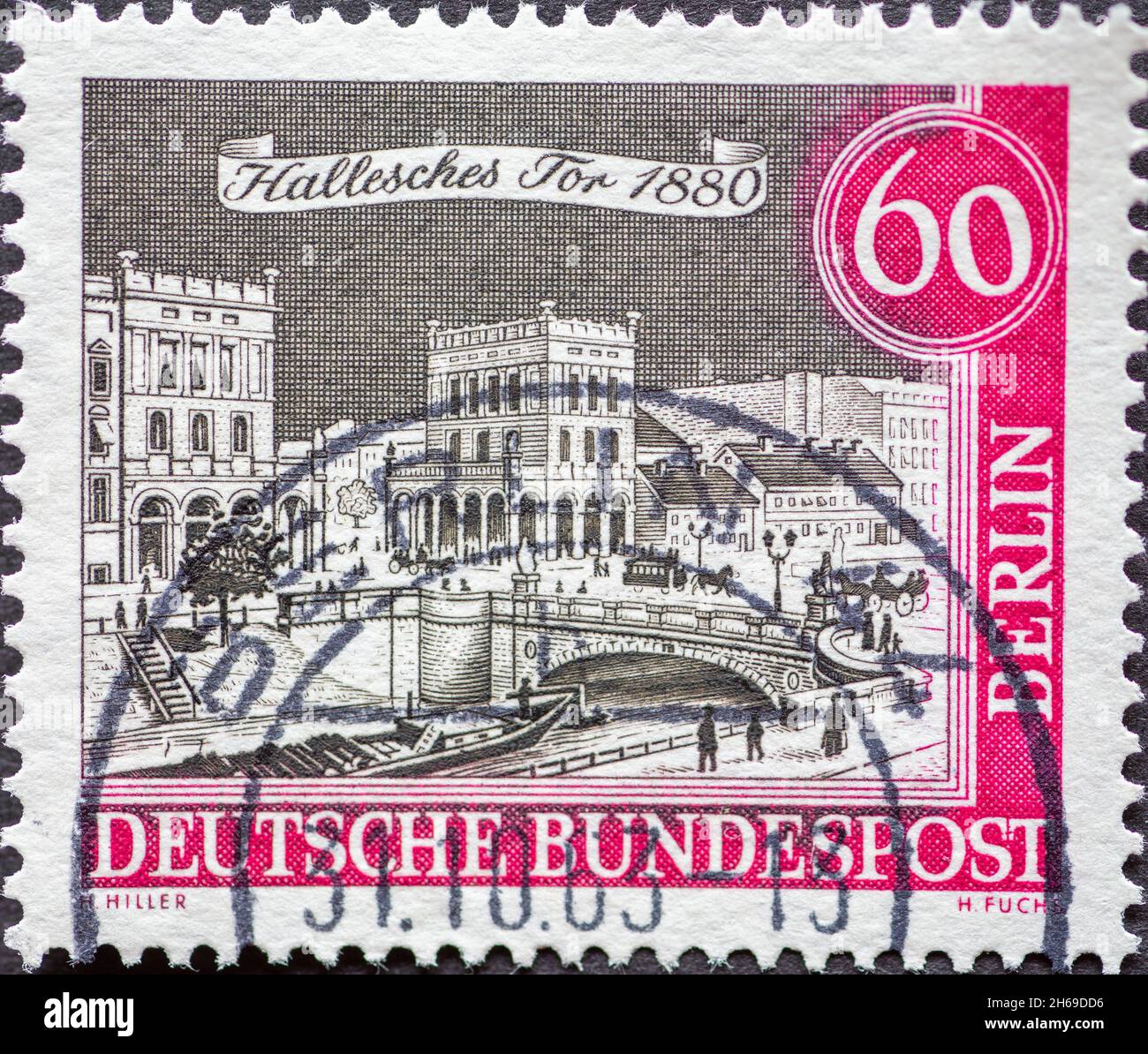 ALLEMAGNE, Berlin - VERS 1963: Ce timbre-poste de l'Allemagne, Berlin montrant le Vieux Berlin: Hallesches porte vers 1880 Banque D'Images