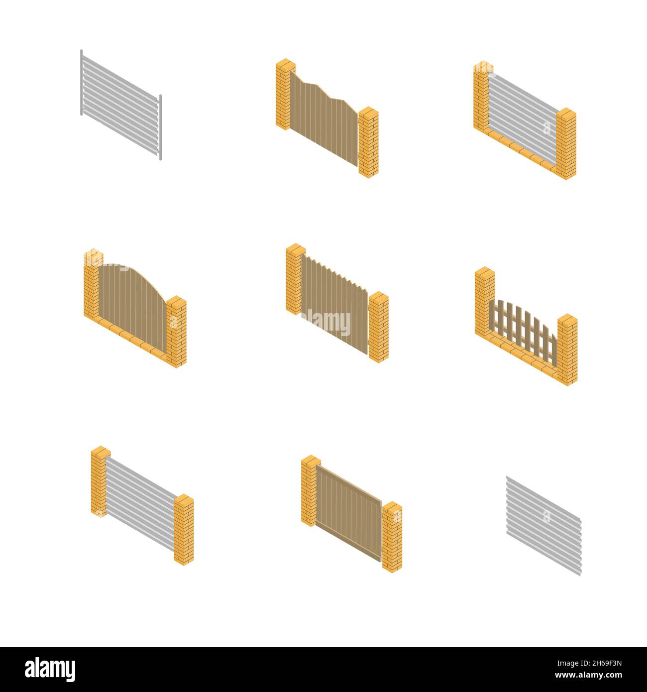 Ensemble de travées clôtures de divers matériaux.Bois, acier et briques .Isolé sur fond blanc.Éléments de bâtiments et de conception de paysage.Isomet 3D Illustration de Vecteur