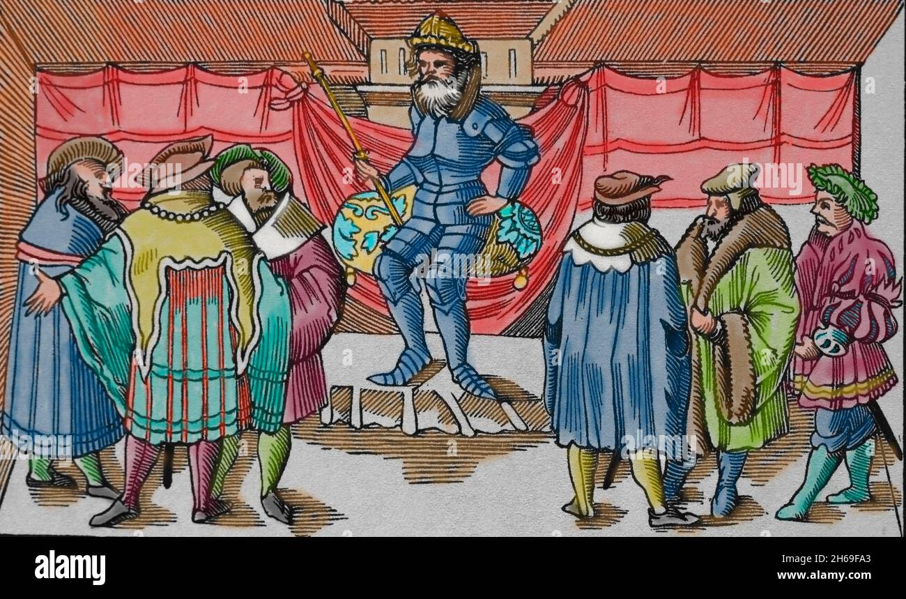 Justice médiévale.La cour d'un baron.Copie de gravure dans la Cosmographie universelle, de Munster, 1552. Banque D'Images