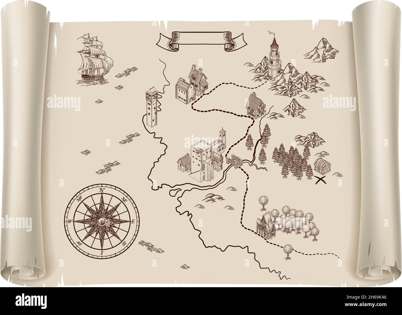 Illustration ancienne de la carte du Trésor de pirate Fantasy Image ...