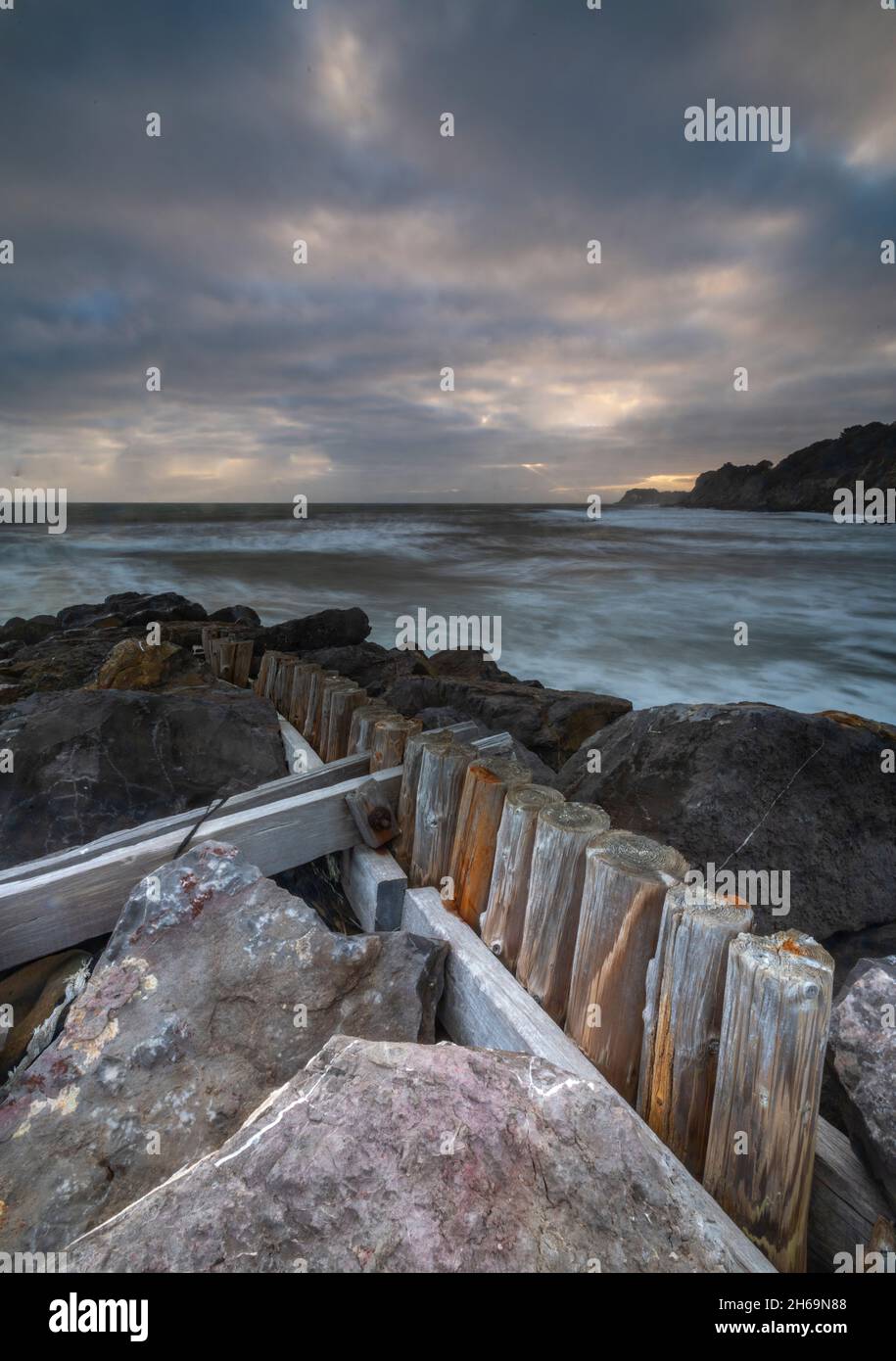 côte de l'île de wight à la couverture de steephill près de ventnor, vieux brise-lames en bois sur la plage à la crique de steephill sur le rivage de l'île de wight près de ventnor. Banque D'Images