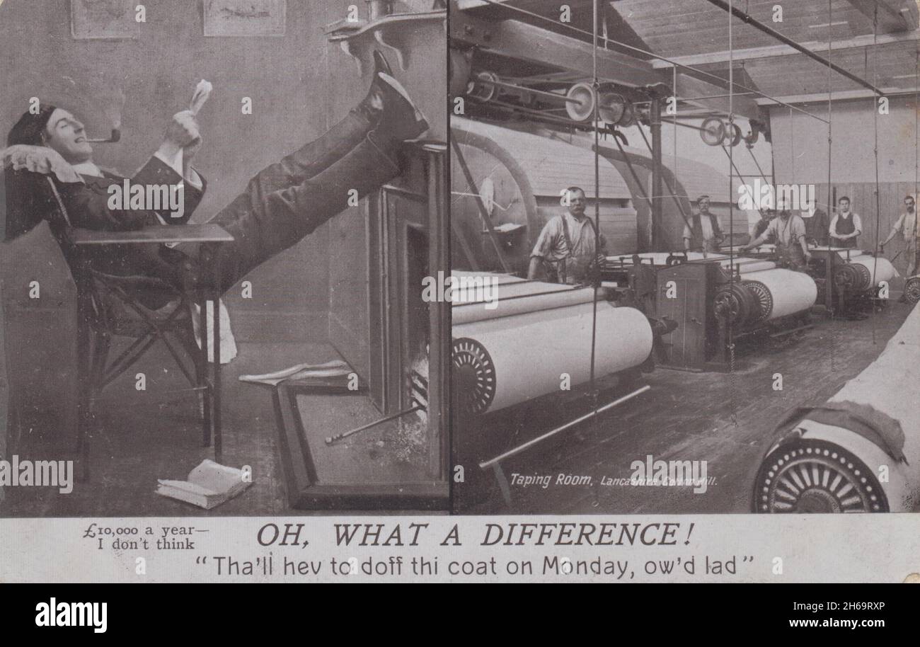 Oh, quelle différence !Carte postale satirizing la vie privée et professionnelle d'un ouvrier de l'usine - avec ses pieds en haut, en fumant un tuyau et en lisant le week-end et parmi les machines de l'usine viennent lundi (la salle d'enregistrement d'une usine de coton de Lancashire est montrée), publié en 1910 Banque D'Images
