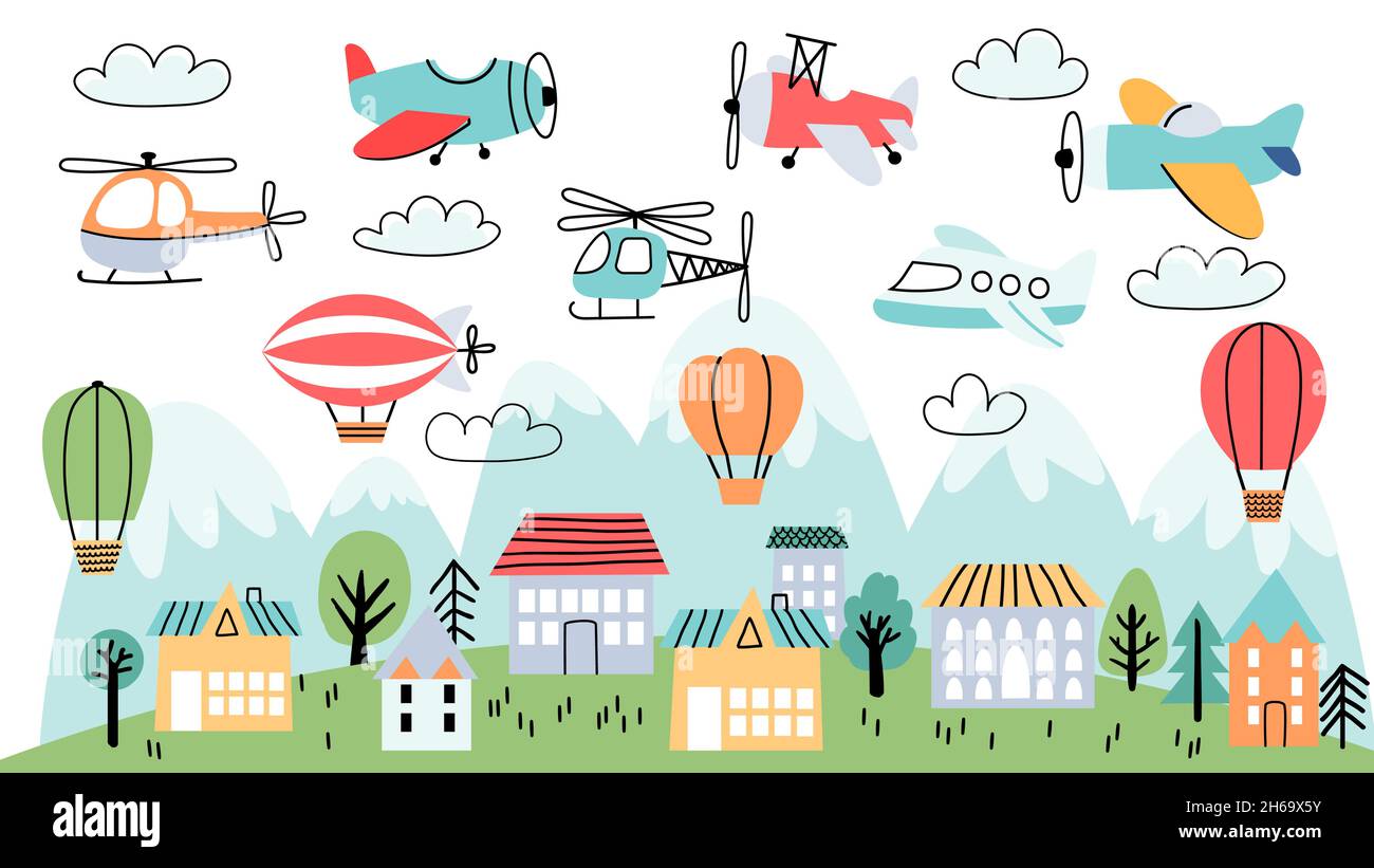 Affiche pour enfants avec avions, ballons d'air et nuages.Papier peint pour enfants avec maisons, montagnes et avions volants, paysage vectoriel Illustration de Vecteur