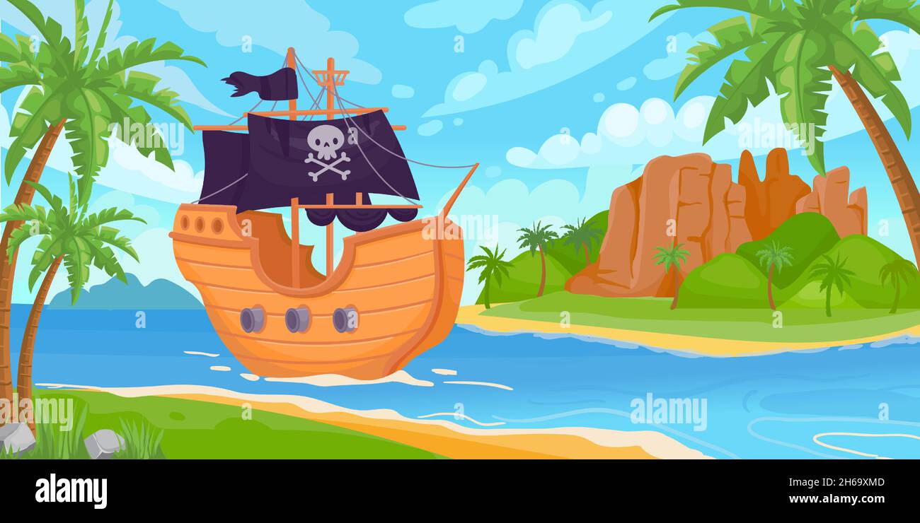 Paysage de mer avec une île au Trésor tropical et un bateau de pirate à