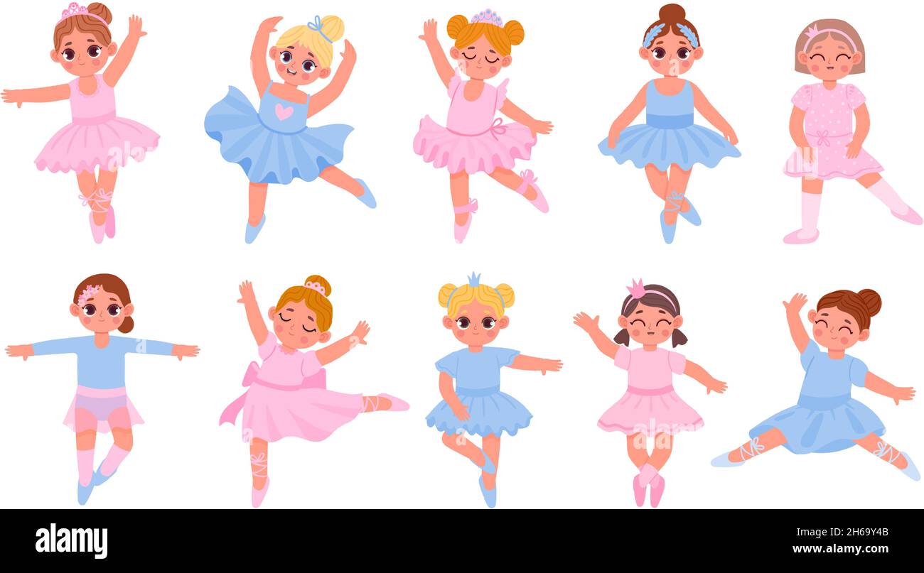 Dessins animés ballerina princesses, mignons filles danseurs personnages.Fille en robe tutu et couronne.Les élèves de la classe de ballet en danse pose ensemble de vecteurs Illustration de Vecteur