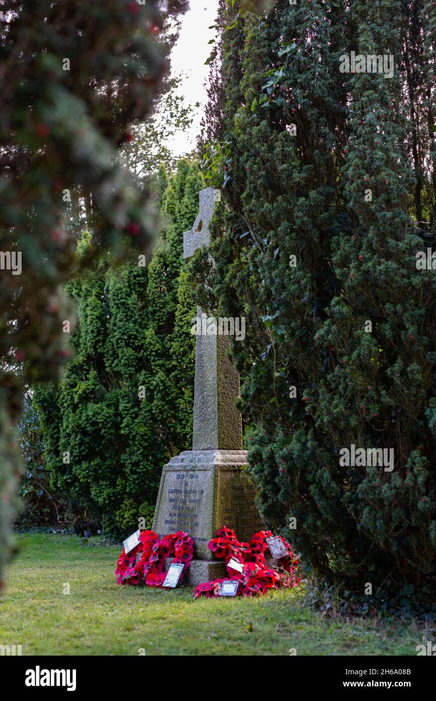 Des couronnes de pavot rouge ont été déposées sur un monument commémoratif de guerre en souvenir des morts de guerre, Suffolk, Royaume-Uni Banque D'Images