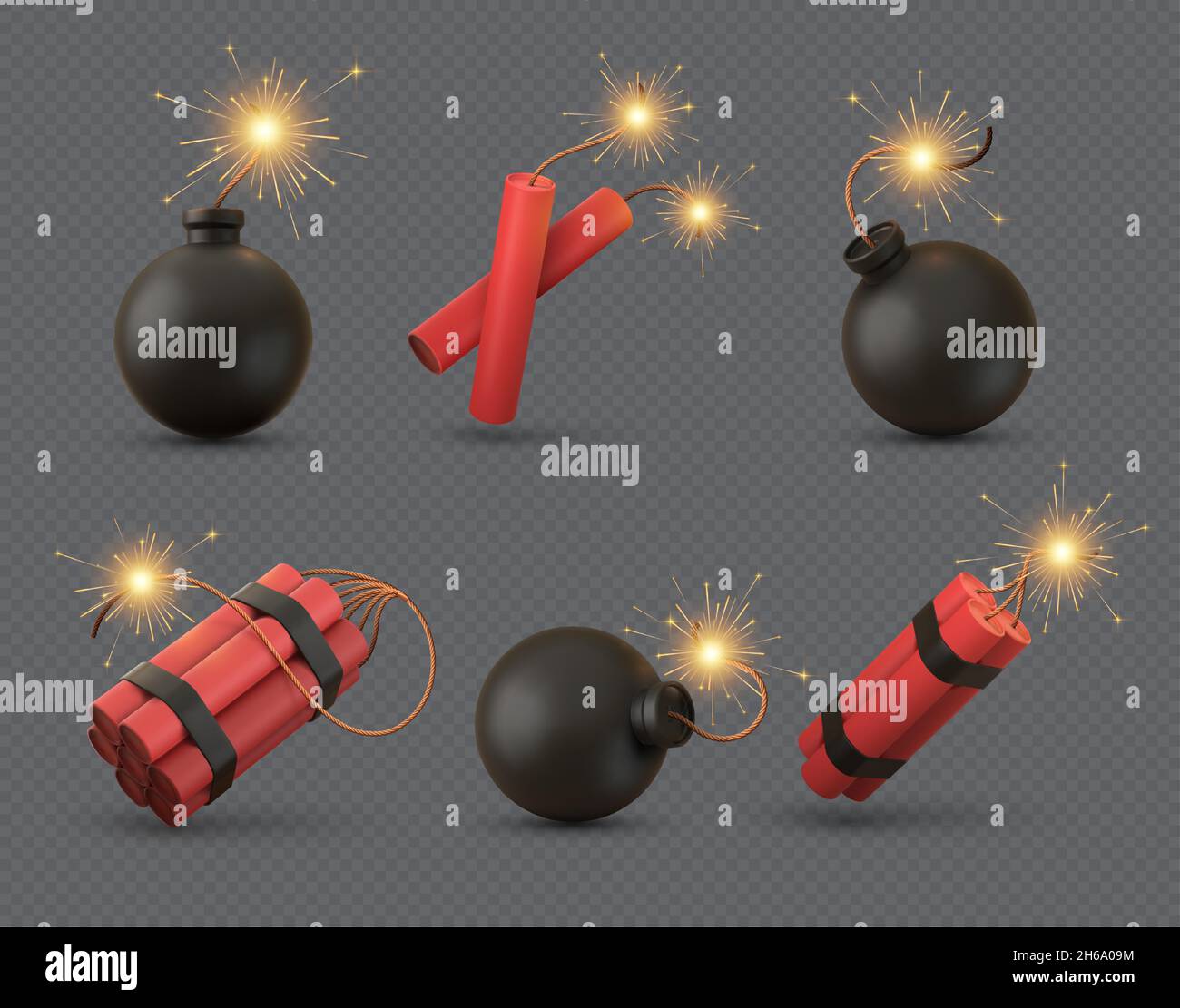 Bombe 3d réaliste, tnt et bâtons de dynamite avec fusible en feu.Arme militaire explosive ou pétards avec mèche.Ensemble de vecteurs Black Bombs Illustration de Vecteur