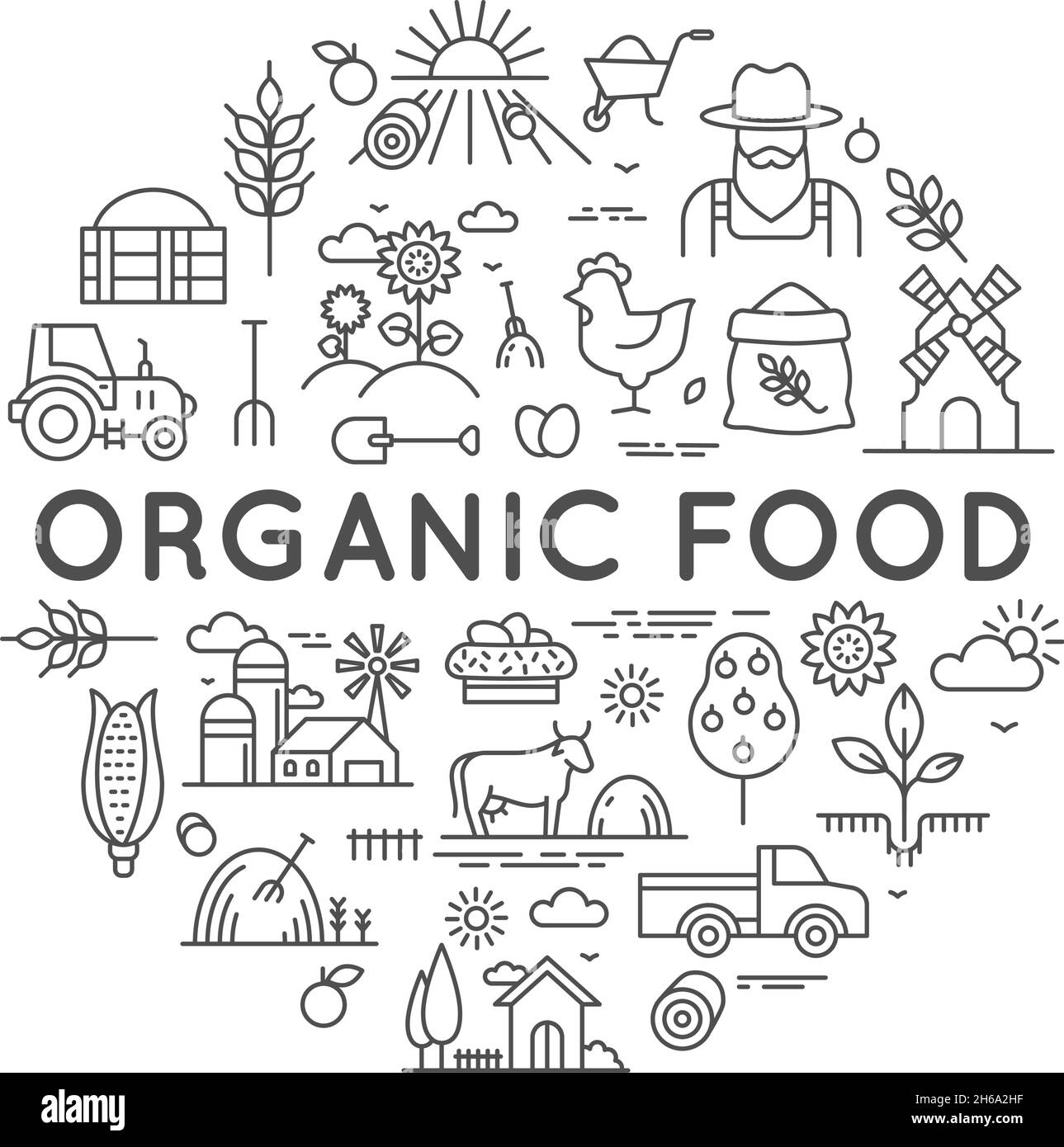 Étiquette d'aliments biologiques pour le marché agricole avec des icônes de ligne d'agriculture.Logo rond avec produits écologiques frais de la ferme, granges et conception vectorielle d'équipement Illustration de Vecteur