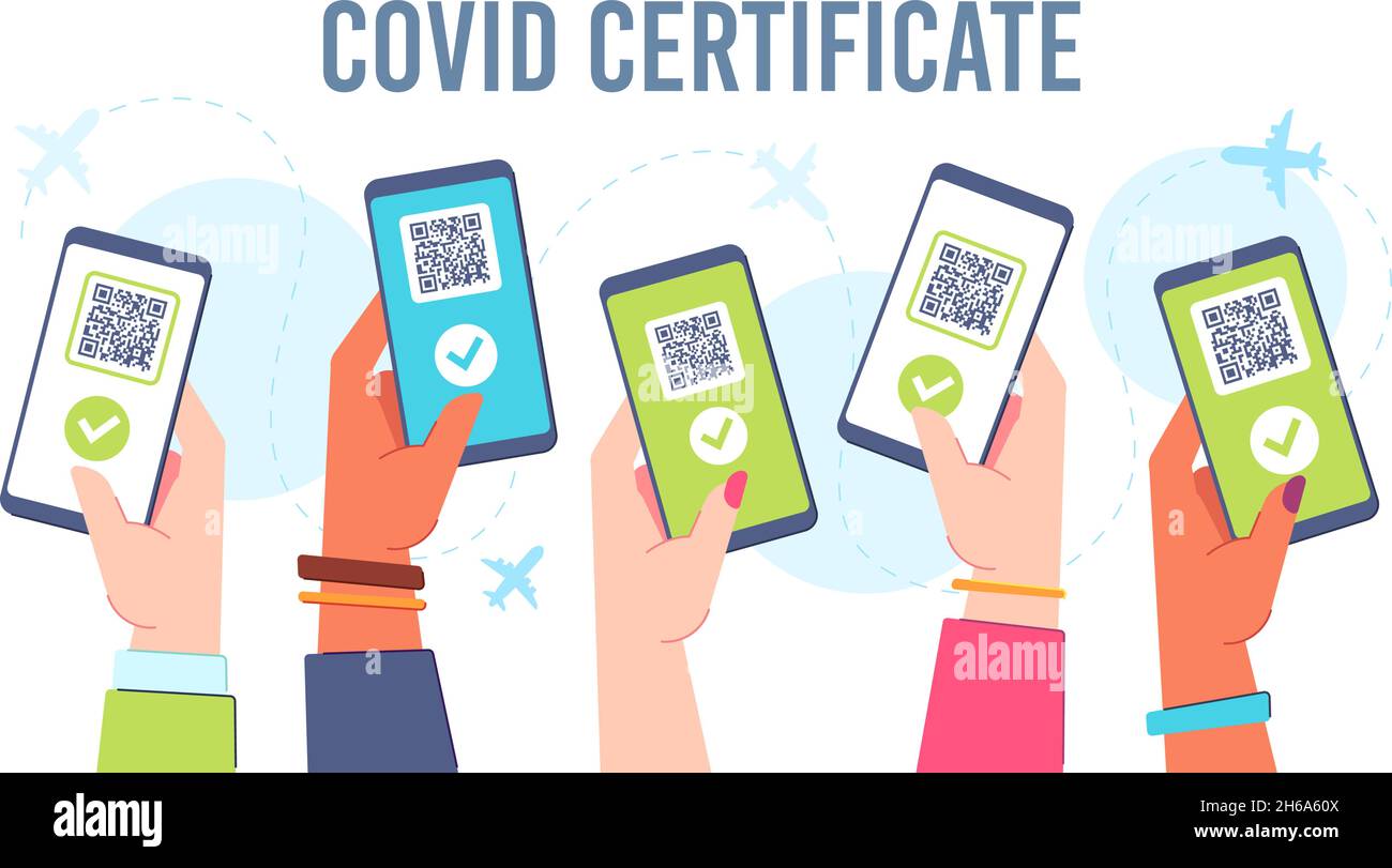 Mains avec téléphone numérique Covid 19 certificat, vaccin passe verte.Passeport en ligne de vaccination de santé Illustration de Vecteur