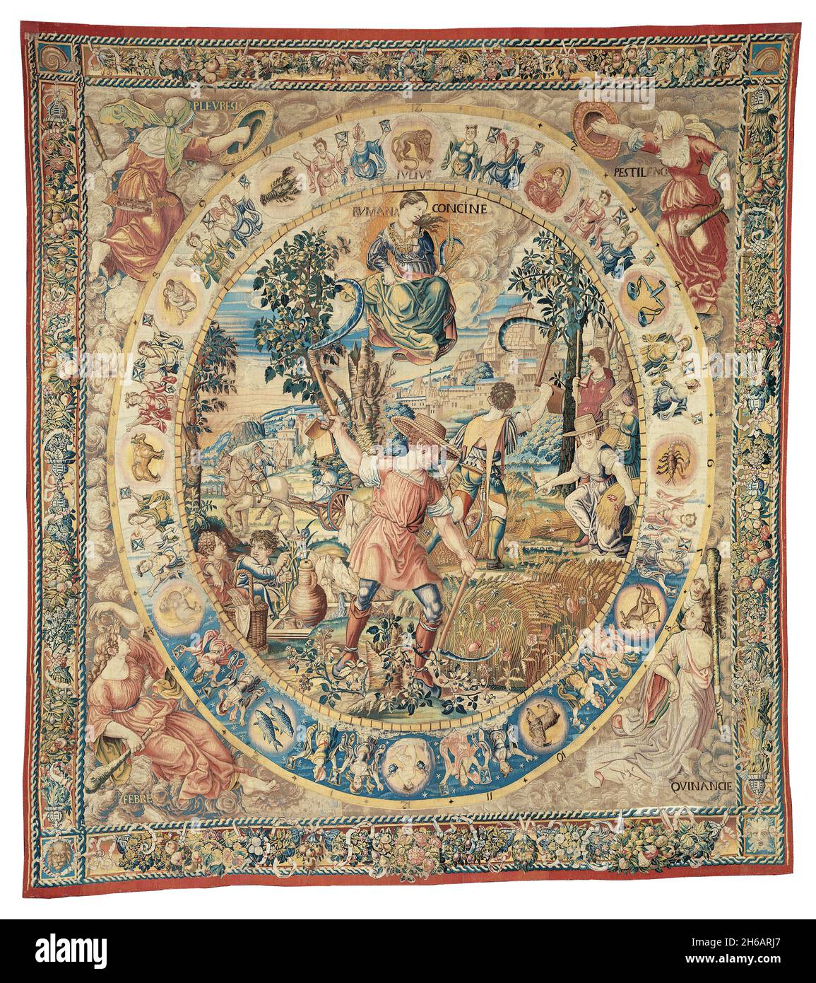 Juillet, dès les mois de Médaillon, Bruxelles, avant 1528.Scène de récolte avec Runcina, la déesse du désherbage ou de la tonte dans la mythologie romaine.Dans le cadre circulaire sont les signes du zodiaque.Dans les quatre coins sont les personnifications des maladies.Après un dessin d'un artiste dans le cercle de Bernard van Orley. Banque D'Images