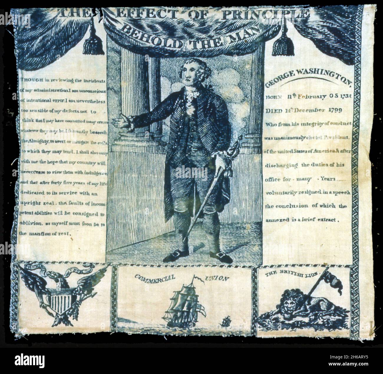 L'effet de principe, Behold the Man (Handkerchief), États-Unis, c.1806. Portrait de George Washington, avec son discours de démission du 19 septembre 1796, et une courte biographie.Attribué à John Hewson. Banque D'Images