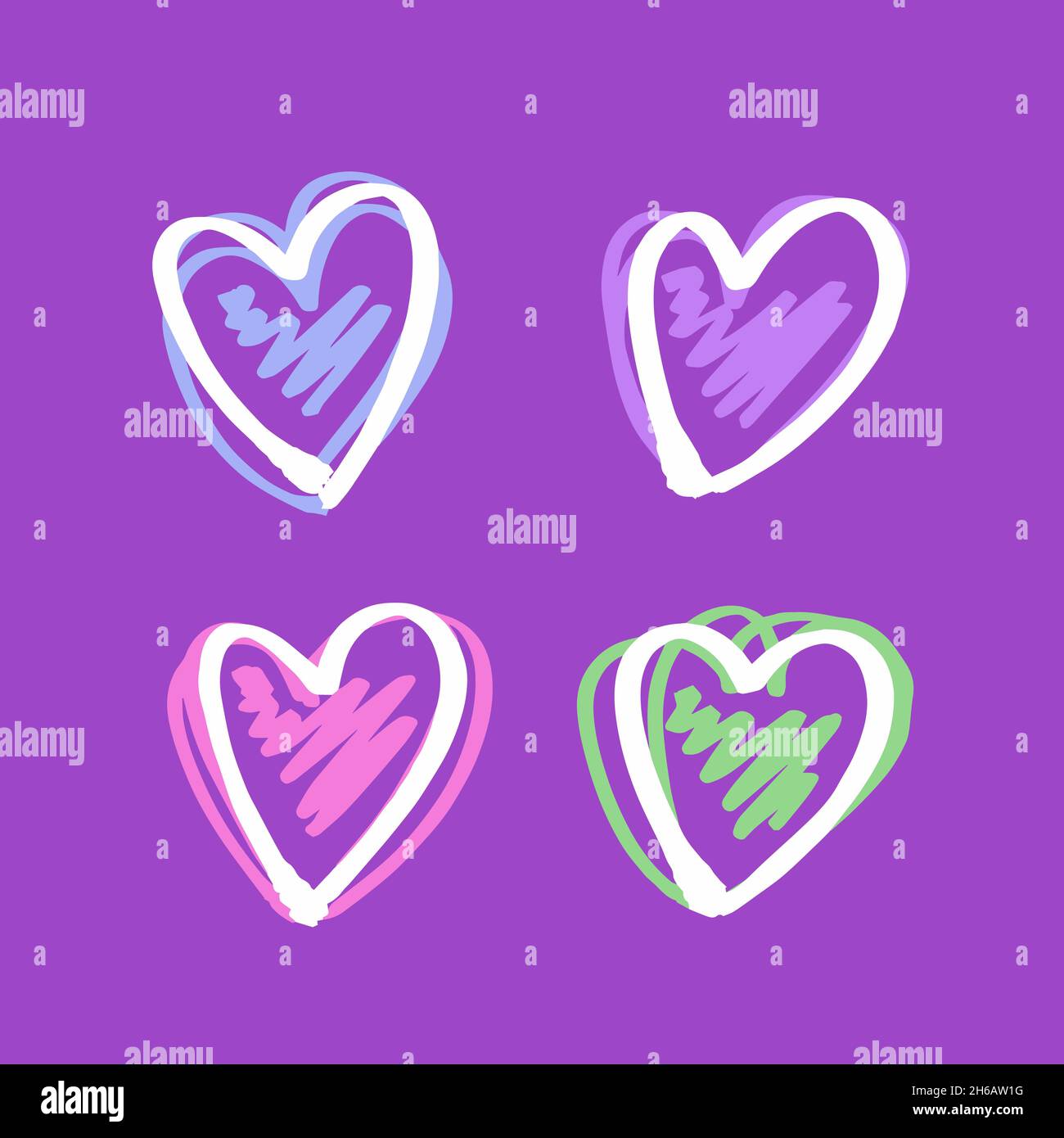 Coeurs vectoriels colorés faits main dans différentes couleurs. Illustration de Vecteur