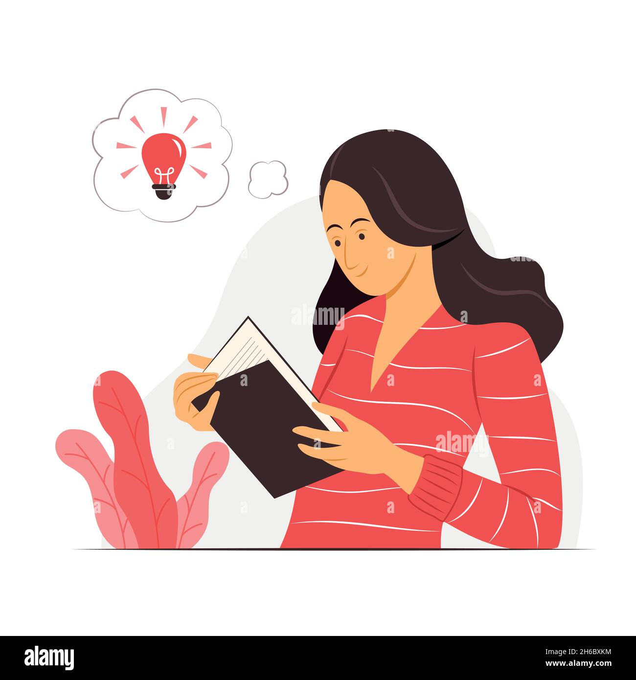Femme Lire un livre et penser une bonne idée. Illustration de Vecteur