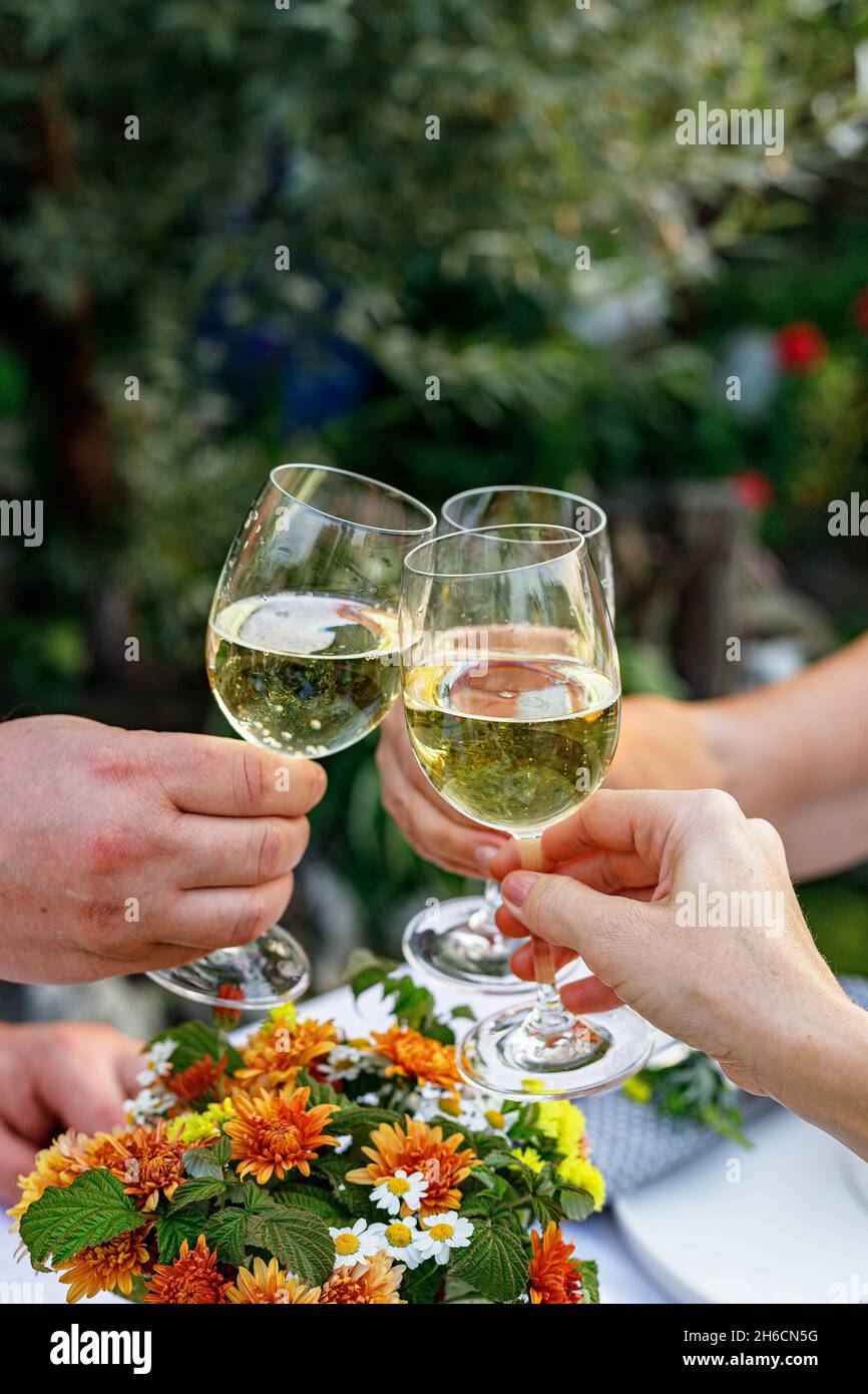 Bonne famille pour dîner dans le jardin d'été et prendre un verre.Les gens disent des toasts et des boissons.Dîner de fête en famille dans l'arrière-cour.Homme et Banque D'Images