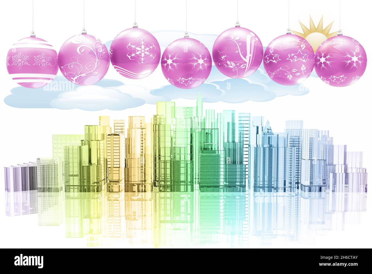 3D illustration. Avec décoration de Noël sur les toits de la ville historique avec ses palais et ses gratte-ciel. Banque D'Images