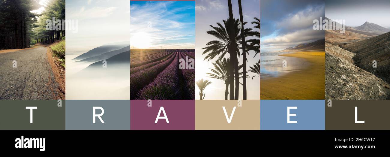 Voyage bannière collage d'en-tête avec destinations mixtes paysage touristique dans le monde.Concept de vacances sésonales lieux étonnants Banque D'Images