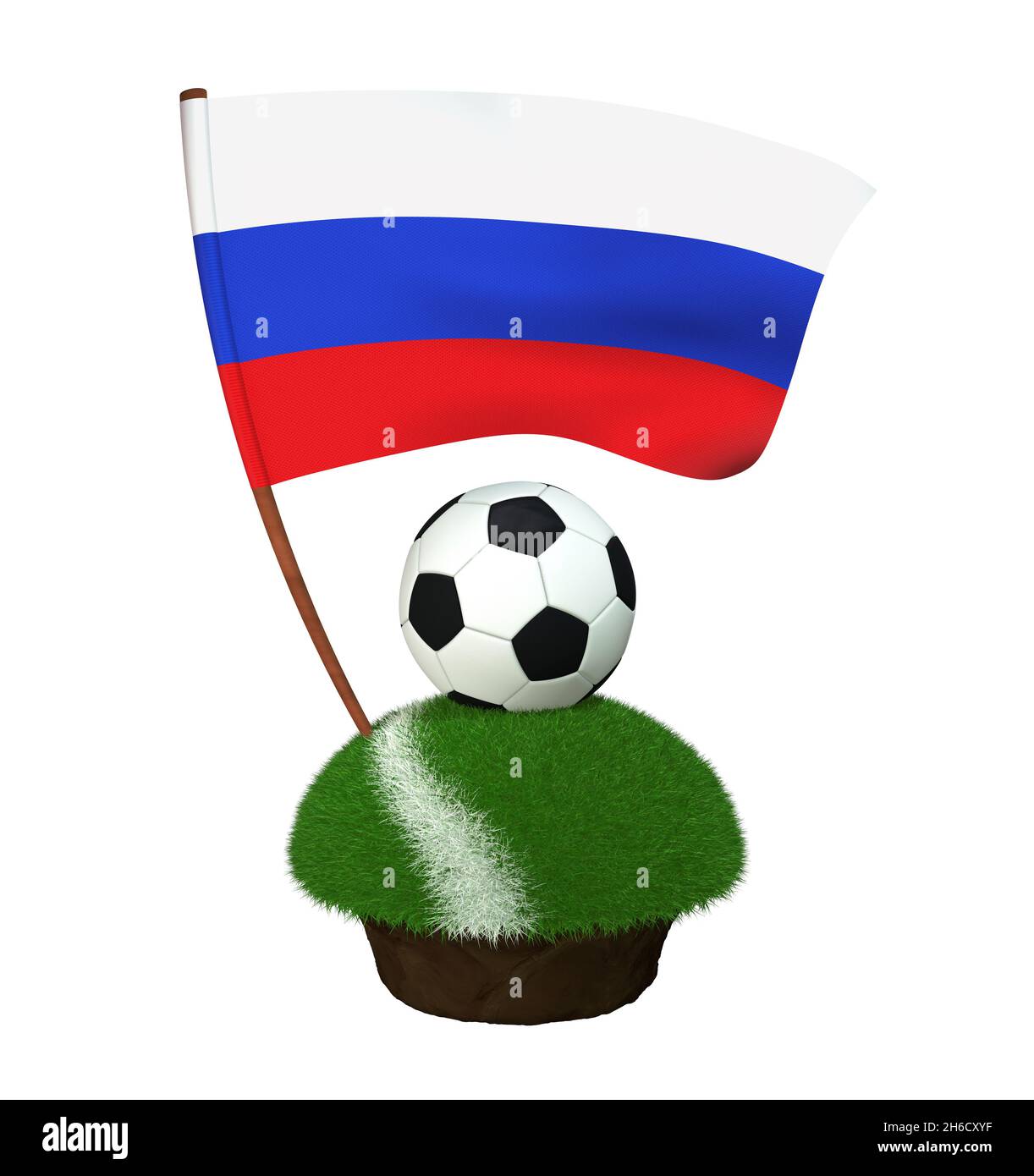 Un ballon rond noir et blanc pour jouer au football et le drapeau national de la Russie sont situés sur une partie d'un terrain de football avec de l'herbe verte et un Banque D'Images