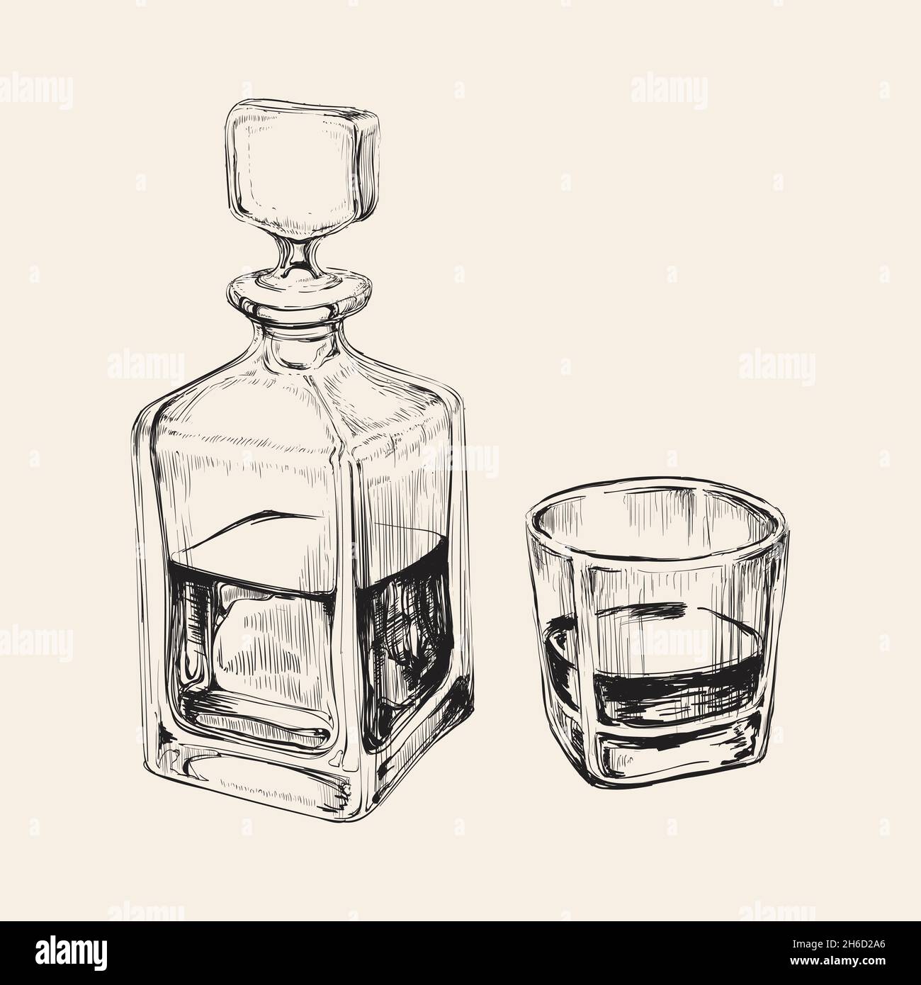 Bouteille de whisky et verre.Illustration du vecteur de boisson tirée à la main Illustration de Vecteur