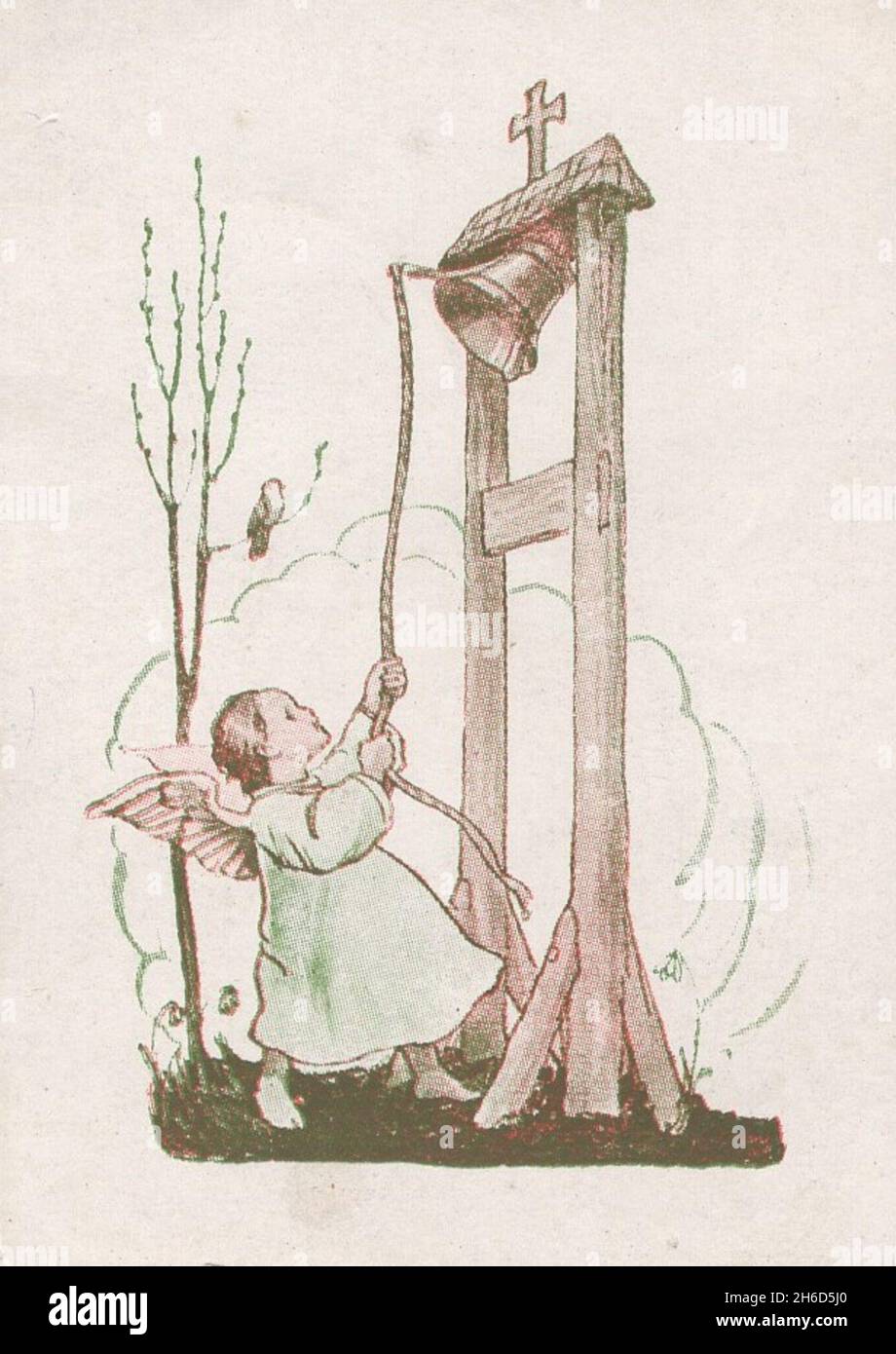 Vintage coloré carte sainte oeuvre graphique de l'art petit ange est tirant la cloche par Márton Lajos daté: 1939 droits additionnels-Clearences-non disponible Banque D'Images