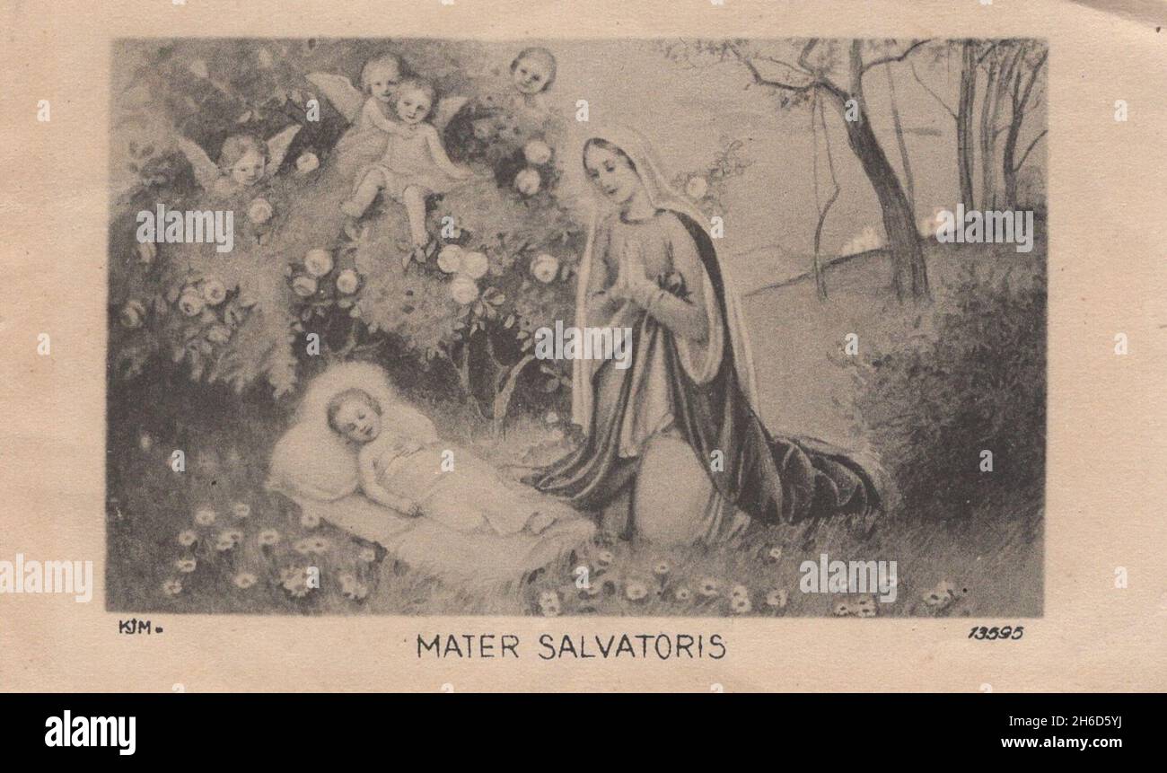 Carte sainte monochrome vintage Madonna St Mary avec le bébé Jésus. Avec des anges .fleurs .ancien maître.'MATER SALVATORIS ' droits supplémentaires-Clearences-non disponible Banque D'Images