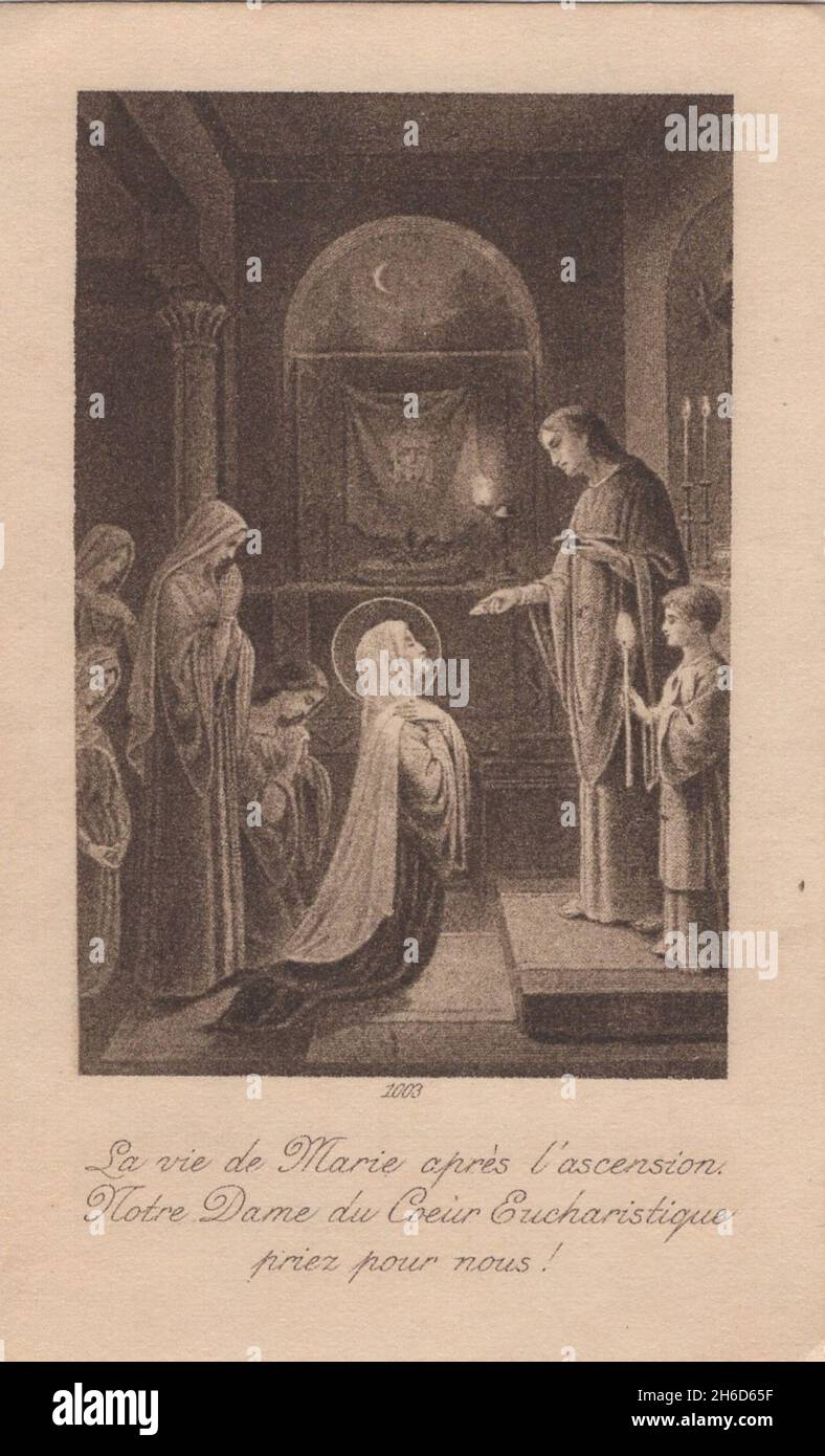 Vintage carte sainte monochrome la prière de Sainte Marie Maria sur son genou avec Jésus et d'autres dans notre Dame 1900s ' la vie de Marie crus l'ascension.Notre Dame du coeur eucharistique priezpour nous !' droits supplémentaires-Clearences-non disponible Banque D'Images