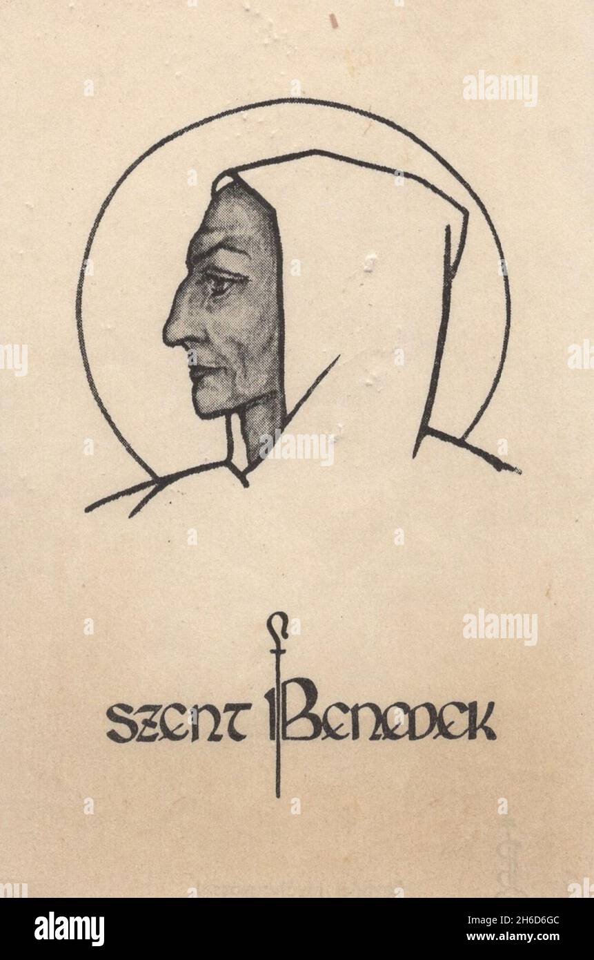 Scène religieuse antique gravure d'œuvres graphiques par artiste inconnu.Saint Benoît / Benoît de la Nurse / Szent Benedek Banque D'Images