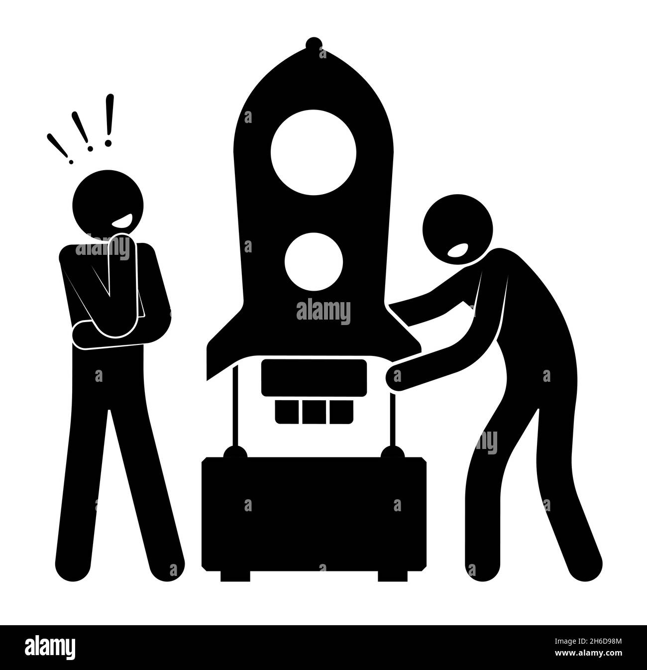 Figure de bâton, les ingénieurs assemblent le modèle de fusée spatiale sur le socle.Conception de fusées et de navires dans l'industrie aérospatiale.Noir et blanc simple ve Illustration de Vecteur