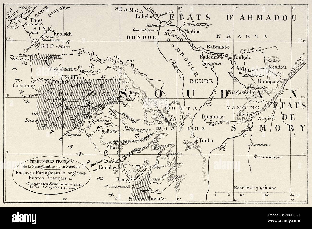 Carte complète de Senegambia avec enclave portugaise.Guinée-Bissau Afrique.Ancienne illustration gravée du XIXe siècle, Voyage à travers la Senegambia et la Guinée portugaise par le capitaine Henri Brossard-Faidherbe (1855-1893) du Tour du monde 1889 Banque D'Images