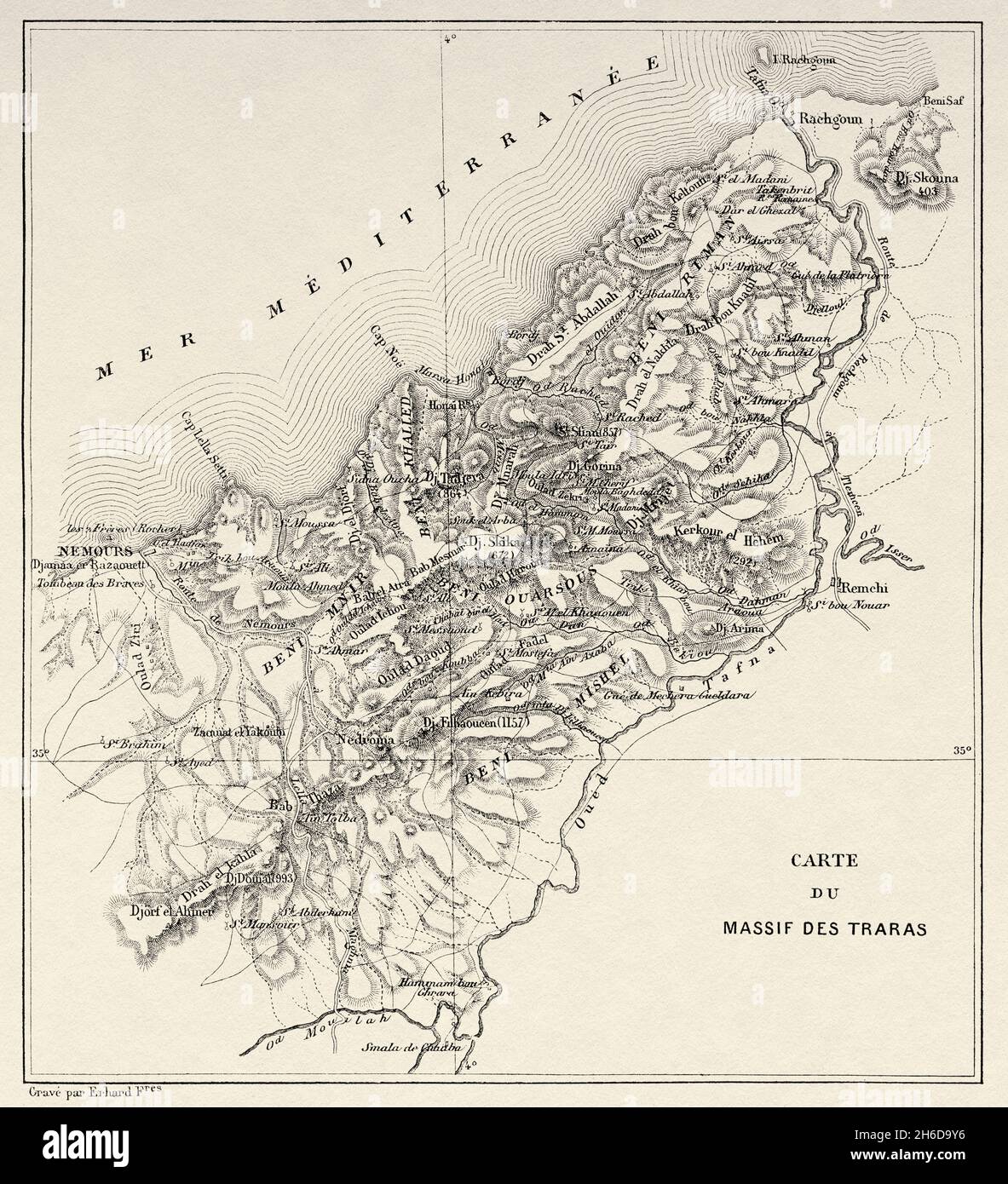 Carte de la chaîne de montagnes de Traras, Nord-Ouest de l'Algérie, Afrique.Ancienne illustration gravée du XIXe siècle, six mois avec la tribu Traras Berber à Oran par Charles de Mauprix,1888 du Tour du monde 1889 Banque D'Images