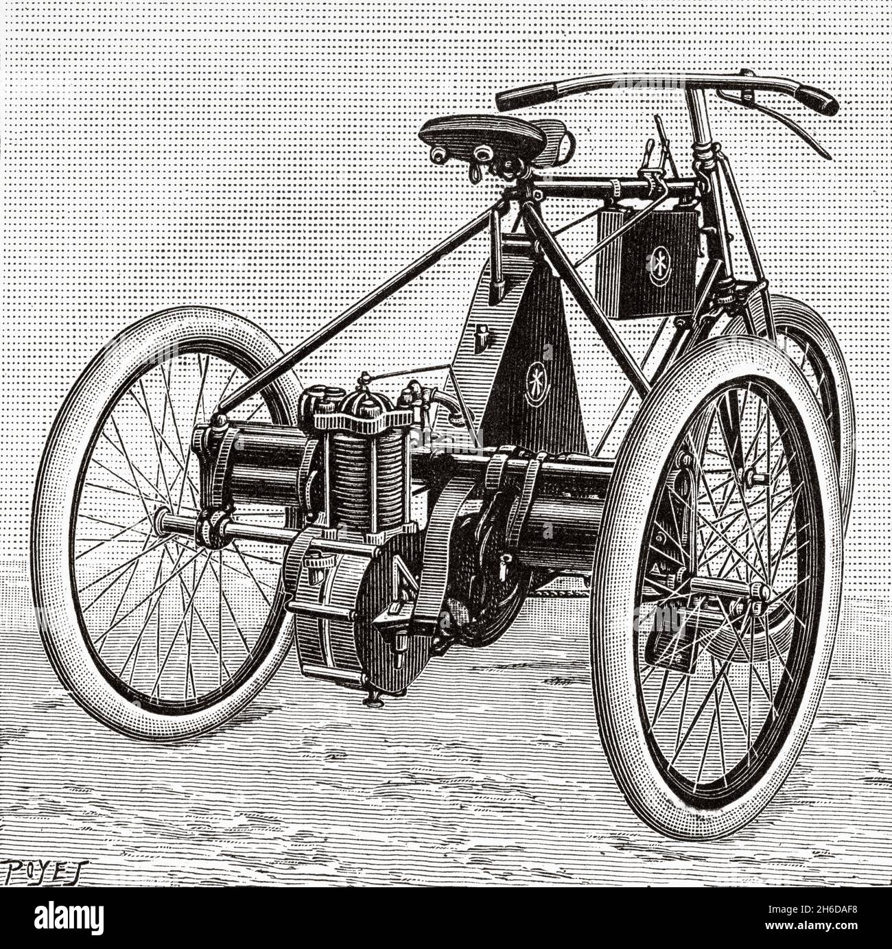 Le tricycle est équipé d'un moteur à essence à base de pétrole.Dion et  tricycle de Bouton.Ancienne illustration gravée du XIXe siècle de la nature  1897 Photo Stock - Alamy