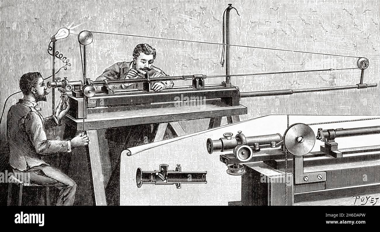 Vérification de la formation d'un canon de fusil à l'aide de l'appareil de M DEVE.Ancienne illustration gravée du XIXe siècle de la nature 1897 Banque D'Images