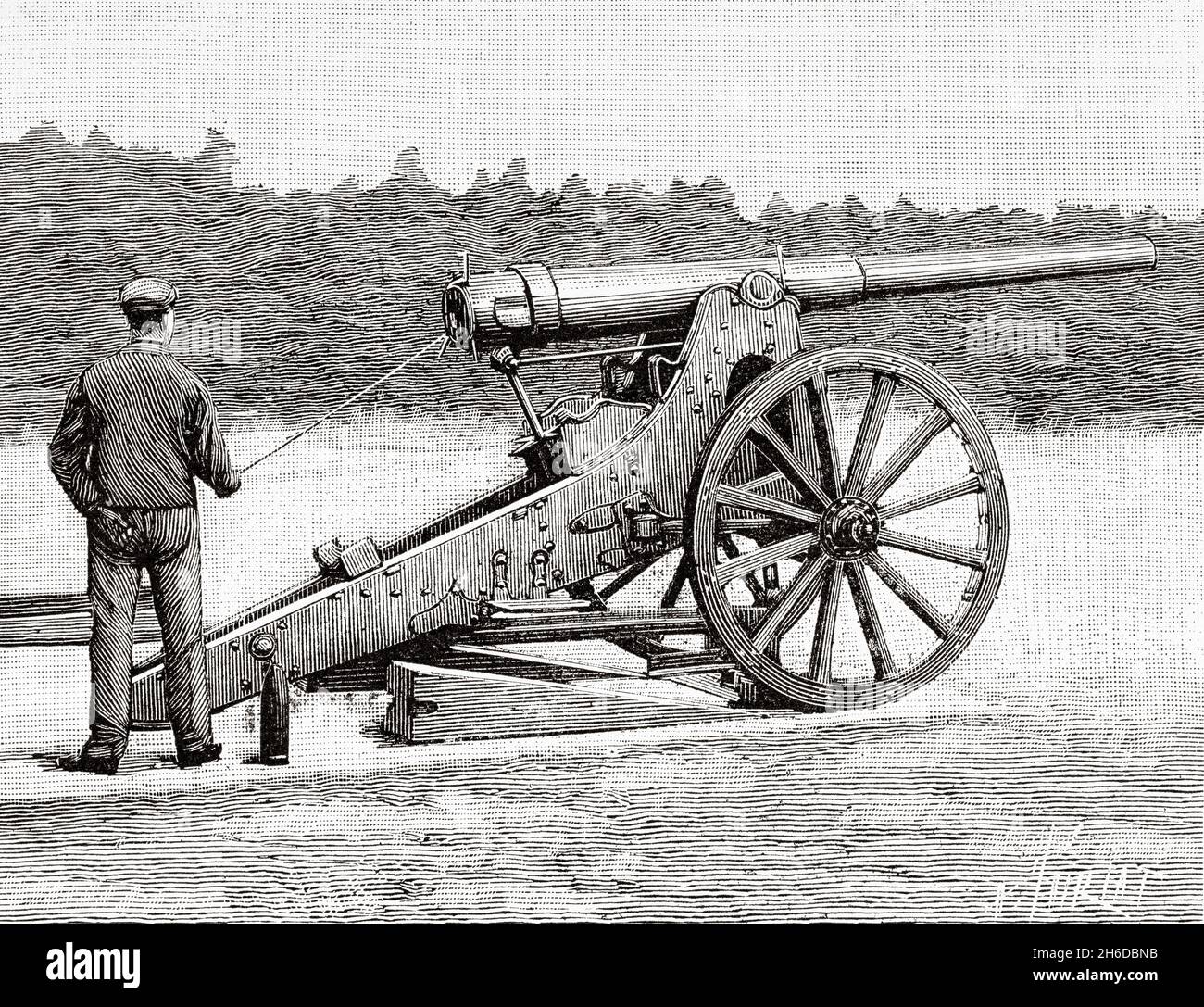 Pistolets krupp à incendie rapide.canon de siège de 105 mm sur le support de frein automatique.Ancienne illustration gravée du XIXe siècle de la nature 1897 Banque D'Images