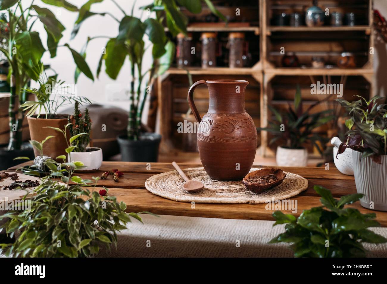 Carafe avec cacao biologique chaud pour cérémonie, gros plan.Boisson saine à partir de fèves de cacao crues dans le café végétarien vert Copier l'espace, rituel pour l'harmonie dans le vert Banque D'Images