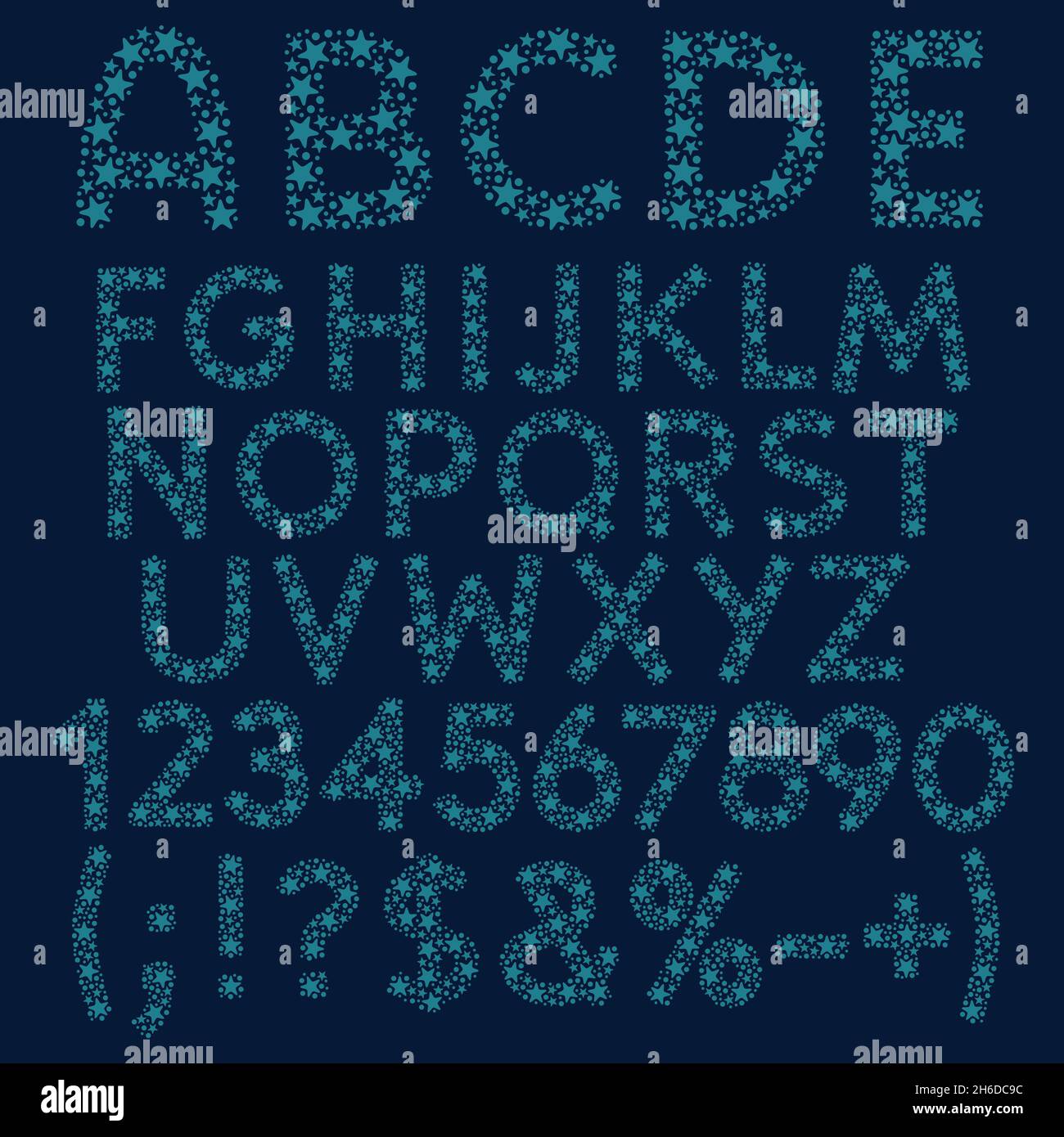 Alphabet, lettres, chiffres et signes de constellations bleues, étoiles et points.Ensemble d'objets vectoriels isolés sur fond blanc. Illustration de Vecteur