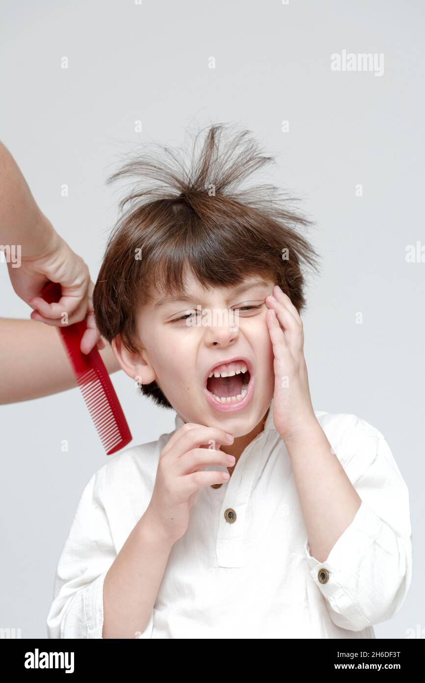 Le jeune garçon de six souffre pendant que ses cheveux sont peignés Autorisations du modèle Banque D'Images