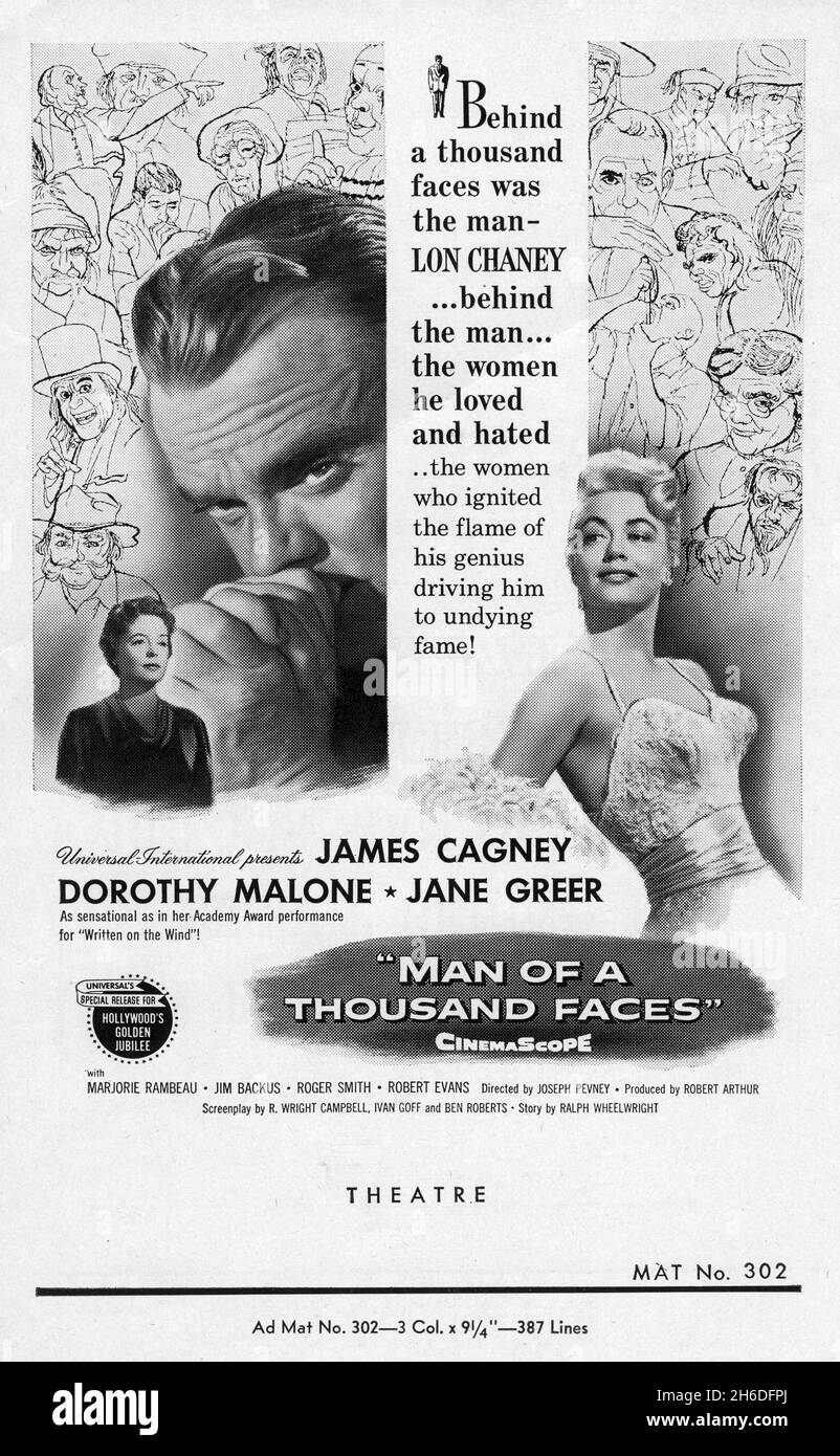 JAMES CAGNEY comme Lon Chaney DOROTHY MALONE et JANE GREER en HOMME DE MILLE VISAGES réalisateur 1957 JOSEPH PEVNEY Histoire Ralph Wheelwright musique Frank Skinner les artistes Jack Kevan et Bud Westmore Universal International Pictures (UI) Banque D'Images