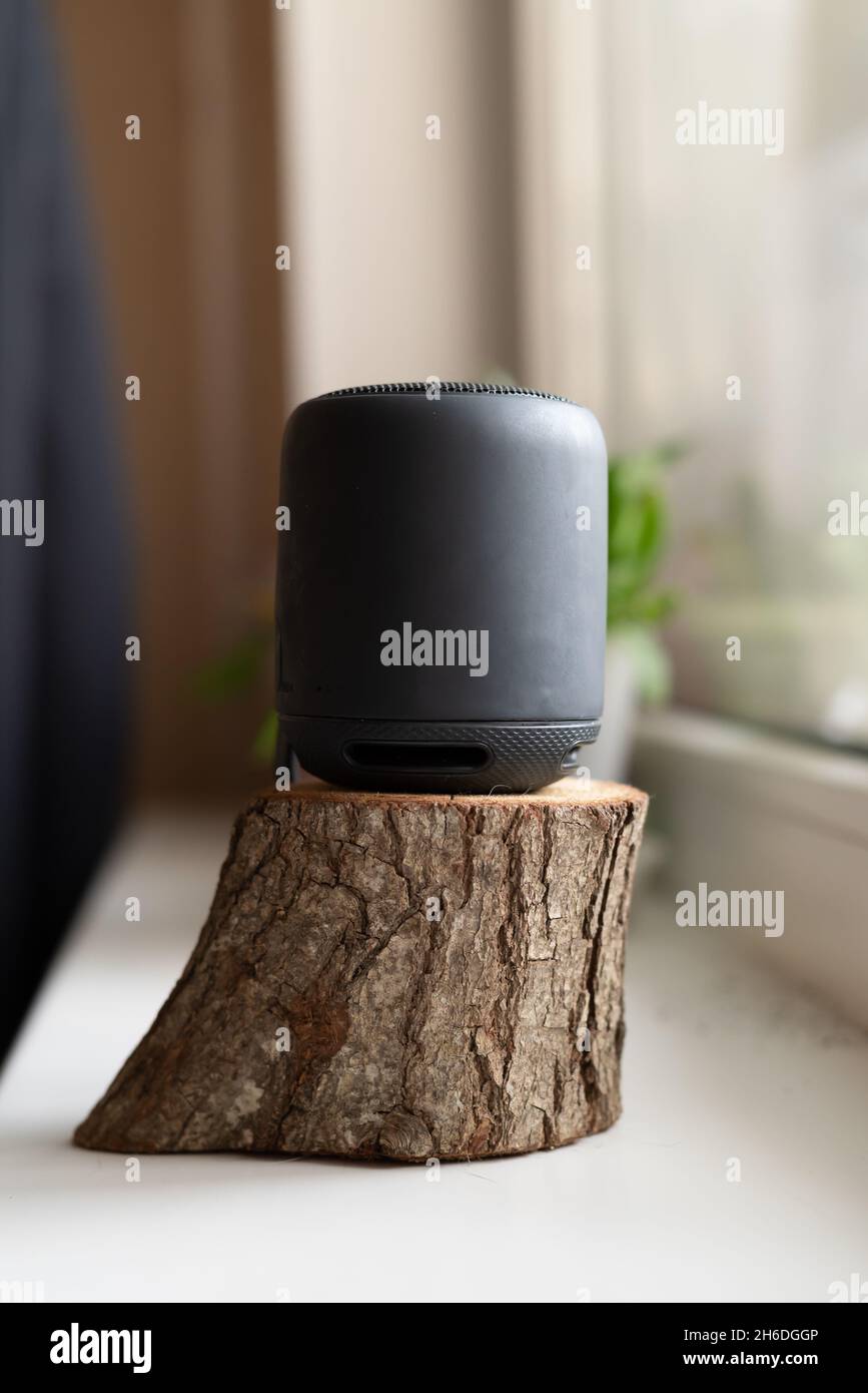 enceinte intelligente sur un support en bois sur un arrière-plan léger Banque D'Images