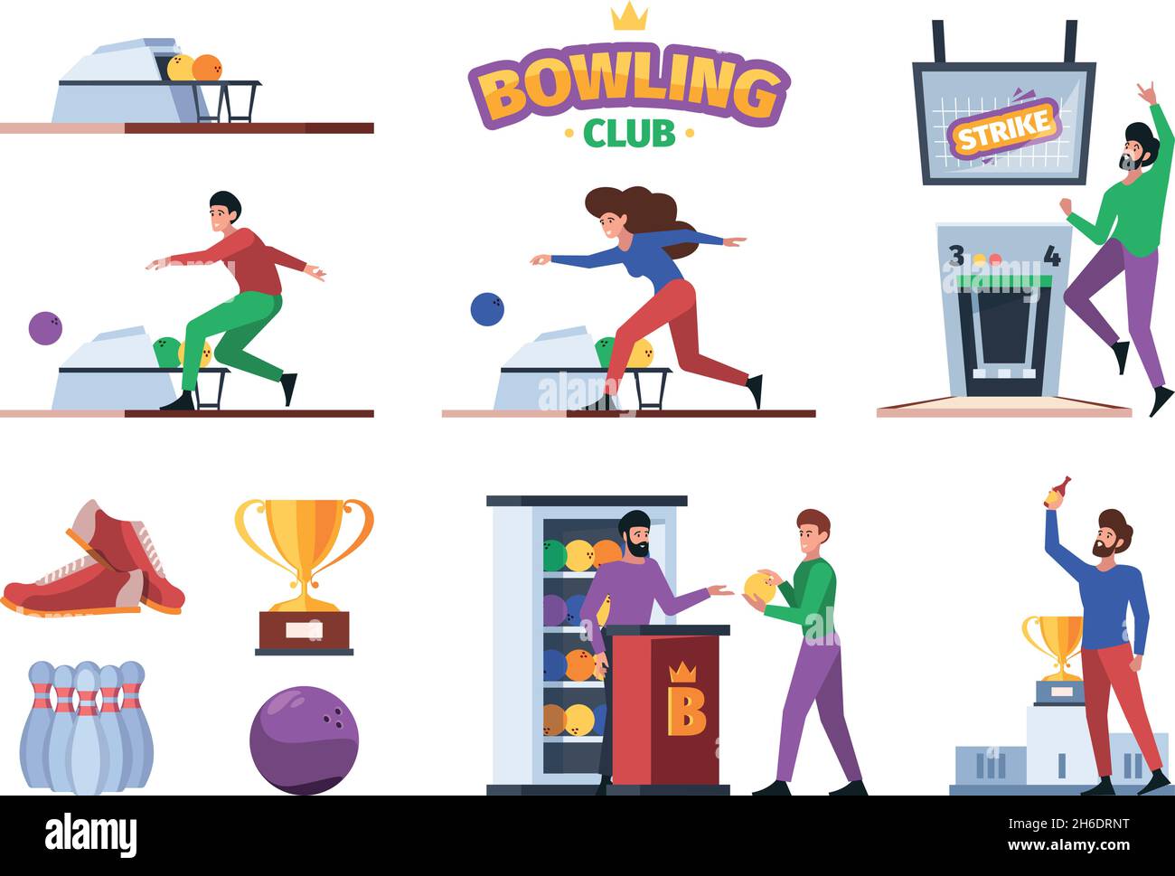Équipement de bowling.Sport jeu actif skittles boules joueurs de bowling garish illustrations vectorielles dans le style plat Illustration de Vecteur
