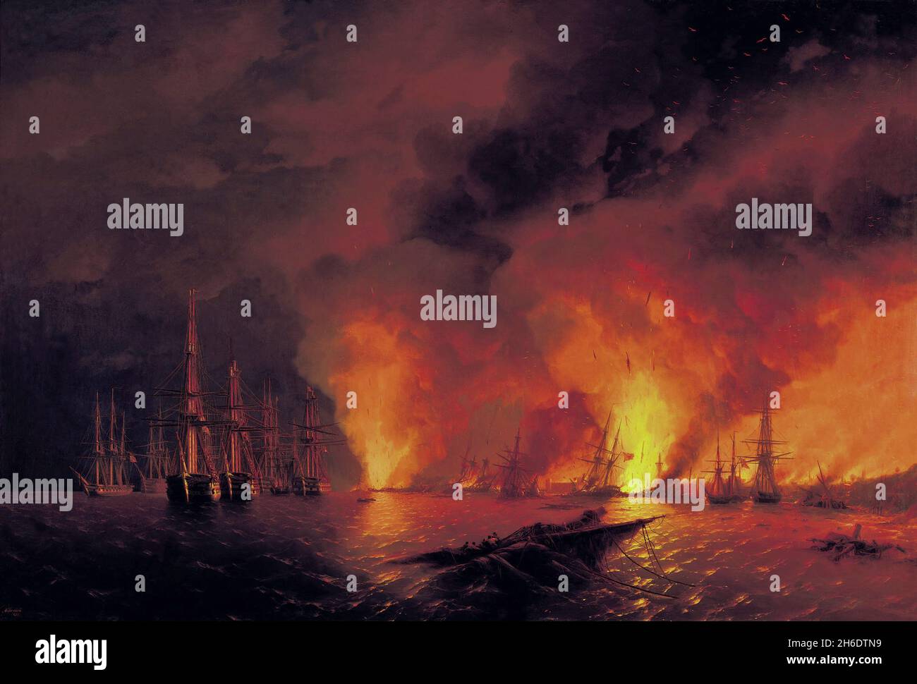 La bataille de Sinop le 18 novembre 1853 (nuit après la bataille), huile sur toile, Ivan Konstantinovič Ajvazovskij (peintre romantique russo-arménien, 1817–1900), un épisode de la guerre de Crimée de 1853-1856.La bataille de Sinop a eu lieu le 18 novembre 1853 dans l'ancien style (30 novembre) entre les escadrons russes et turcs dans le port turc de Sinop, près de la côte sud de la mer Noire.Elle s'est terminée par la destruction de 15 des 16 navires turcs et un incendie dévastateur dans la ville.La flotte russe n'a perdu aucun navire.C'était la dernière grande bataille dans l'histoire des flottes de voile, et les premiers Banque D'Images