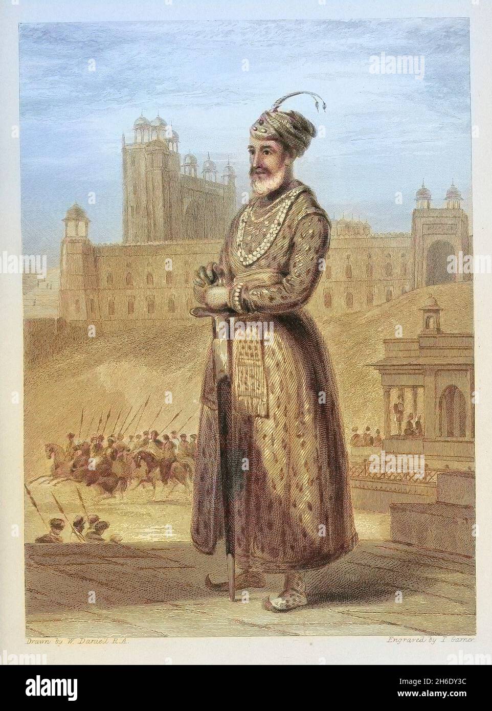 Machine colorisée Abu'l-Fath Jalal-ud-din Muhammad Akbar (25 octobre 1542 – 27 octobre 1605), connu sous le nom de Akbar le Grand (Akbar-i-azam), et aussi comme Akbar I a été le troisième empereur moghol, qui a régné de 1556 à 1605.Akbar a succédé à son père, Humayun, sous un régent, Bairam Khan, qui a aidé le jeune empereur à étendre et à consolider les domaines de Mughal en Inde.D'après le livre « The Oriental Annual, or, Scenes in India » du rév. Hobart Caunter publié par Edward Bull, Londres 1838 gravures de dessins de William Daniell Banque D'Images