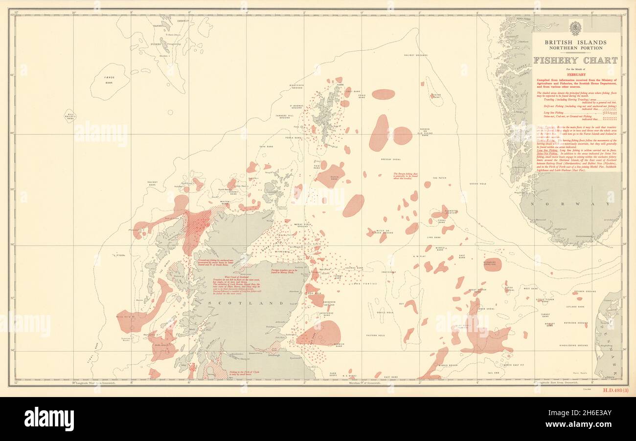 Îles britanniques carte des pêches du nord de février Écosse carte de l'Atlantique de la mer du Nord 1953 Banque D'Images