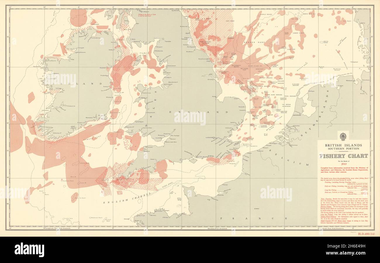 Îles britanniques carte des pêches du sud du mois de juillet Manche Irlande Mer du Nord 1953 Banque D'Images