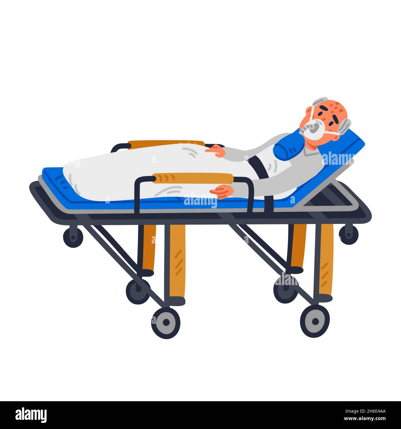 Aide aux urgences, un vieux patient allongé sur une civière dans la salle d'urgence.Illustration vectorielle de style plat. Illustration de Vecteur