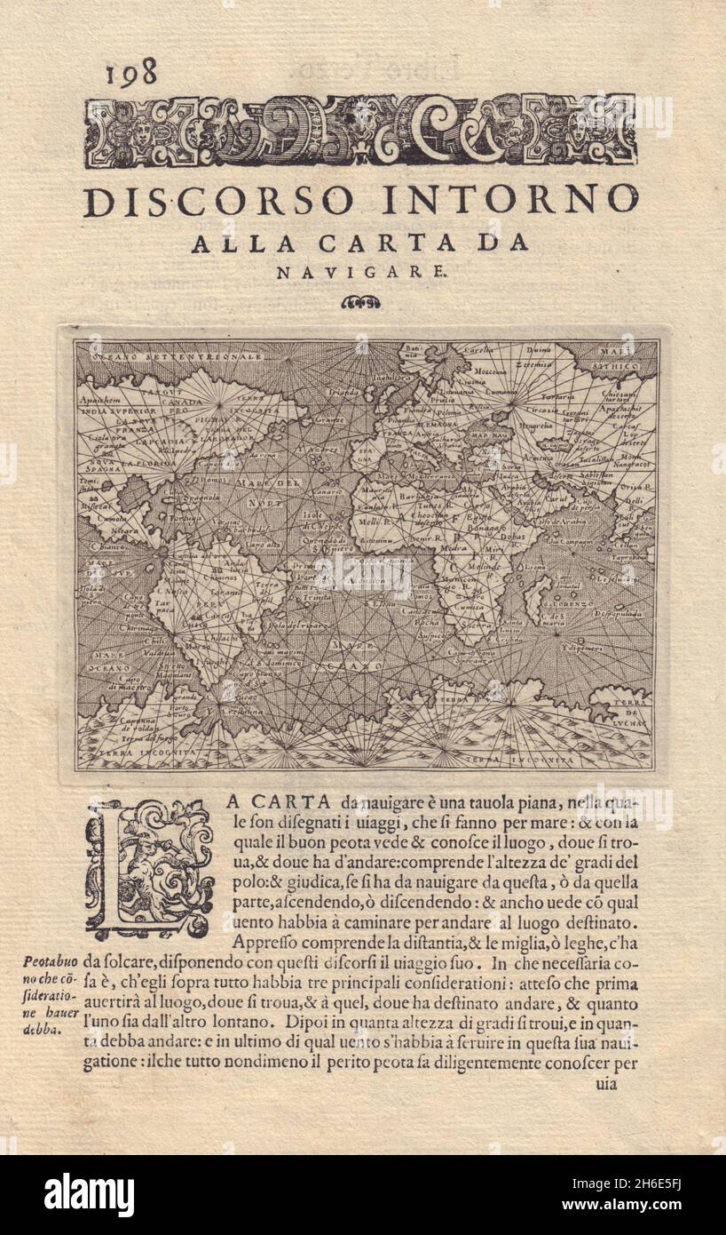 Discorso Intorno alla carta da navirare.PORCACCHI.Carte de navigation mondiale 1590 Banque D'Images