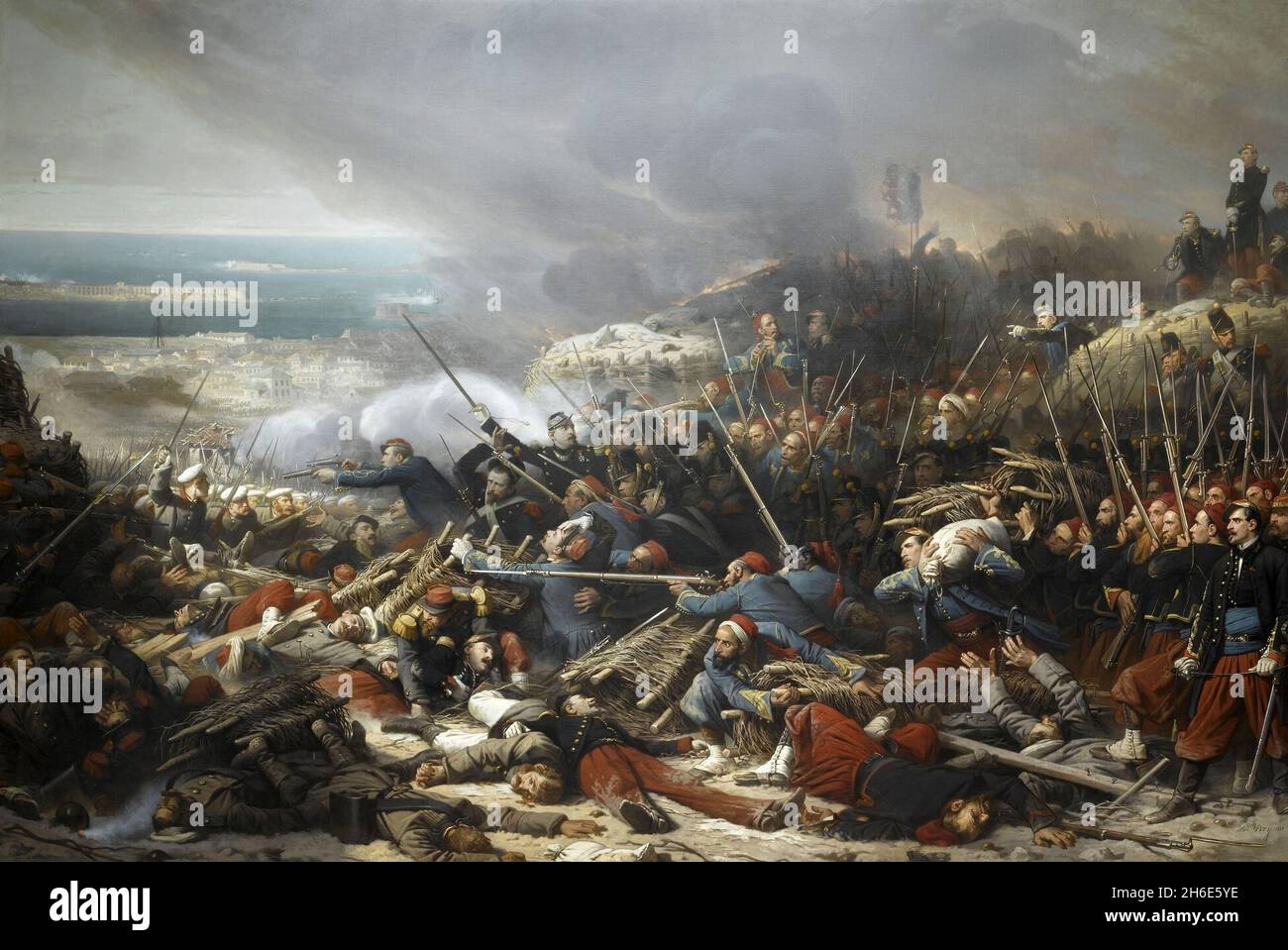 Les Français attaquent l'armée russe à la bataille de Malakoff, siège de Sébastopol, Guerre de Crimée. Un tableau d'Adolphe Yvon.La bataille de Malakoff était une attaque française contre les forces russes sur la redoute de Malakoff et sa capture ultérieure le 8 septembre 1855 dans le cadre du siège de Sébastopol pendant la guerre de Crimée.L'armée française sous le général MacMahon a réussi à s'attaquer à la redoute de Malakoff, tandis qu'une attaque britannique simultanée sur la Redan au sud de la Malakoff a été repoussée.Dans l'un des moments marquants de la guerre, le zouave français Eugène Libaut a levé le drapeau français au sommet de la guerre Banque D'Images